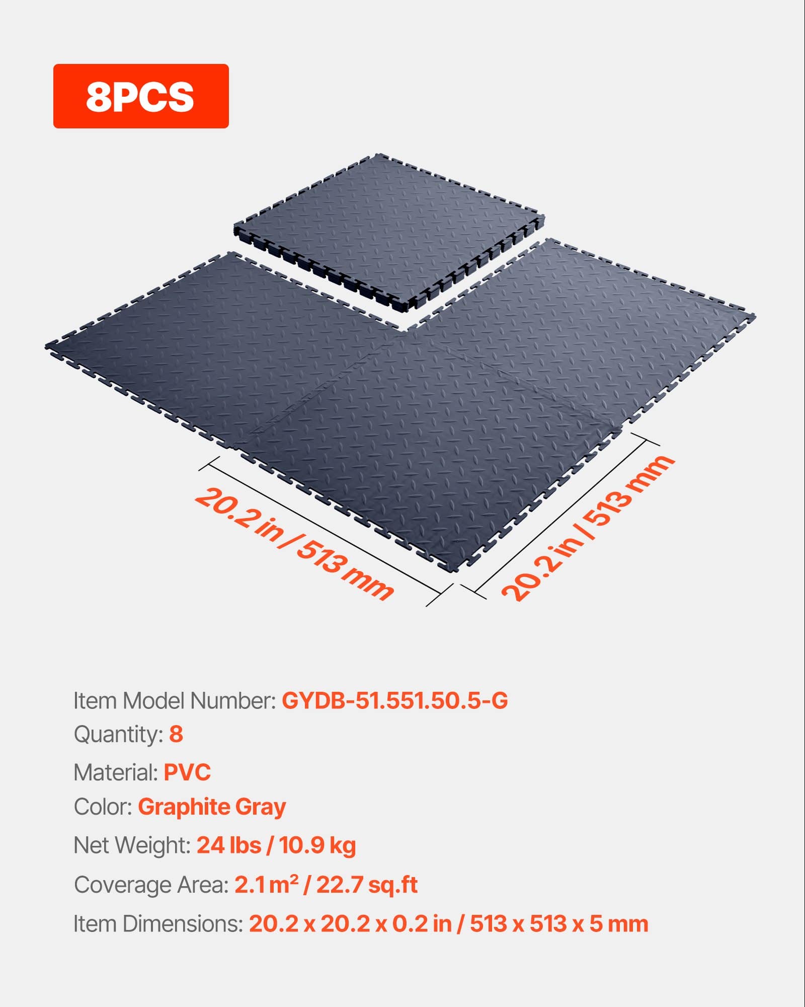 VEVOR 8-Pack Interlocking PVC Garage Floor Tiles, 513x513x5 mm, Slip-Resistant Diamond Plate Mats, Graphite Gray, 2.1 m² — изображение 7