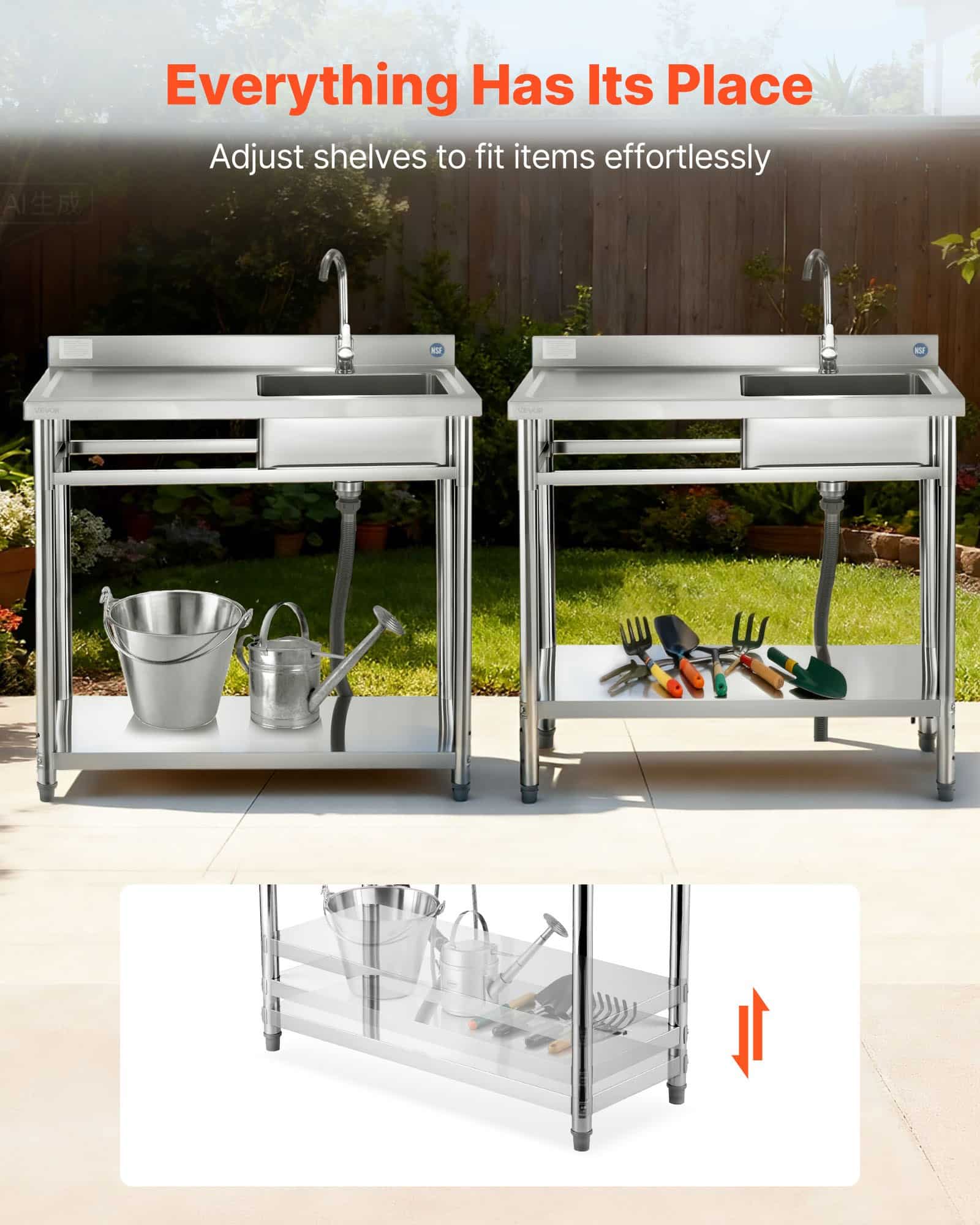 VEVOR Stainless Steel Utility Sink 1000x500x940mm, Freestanding Commercial Sink with Faucet, Left Basin, Hot/Cold Water - Image 3