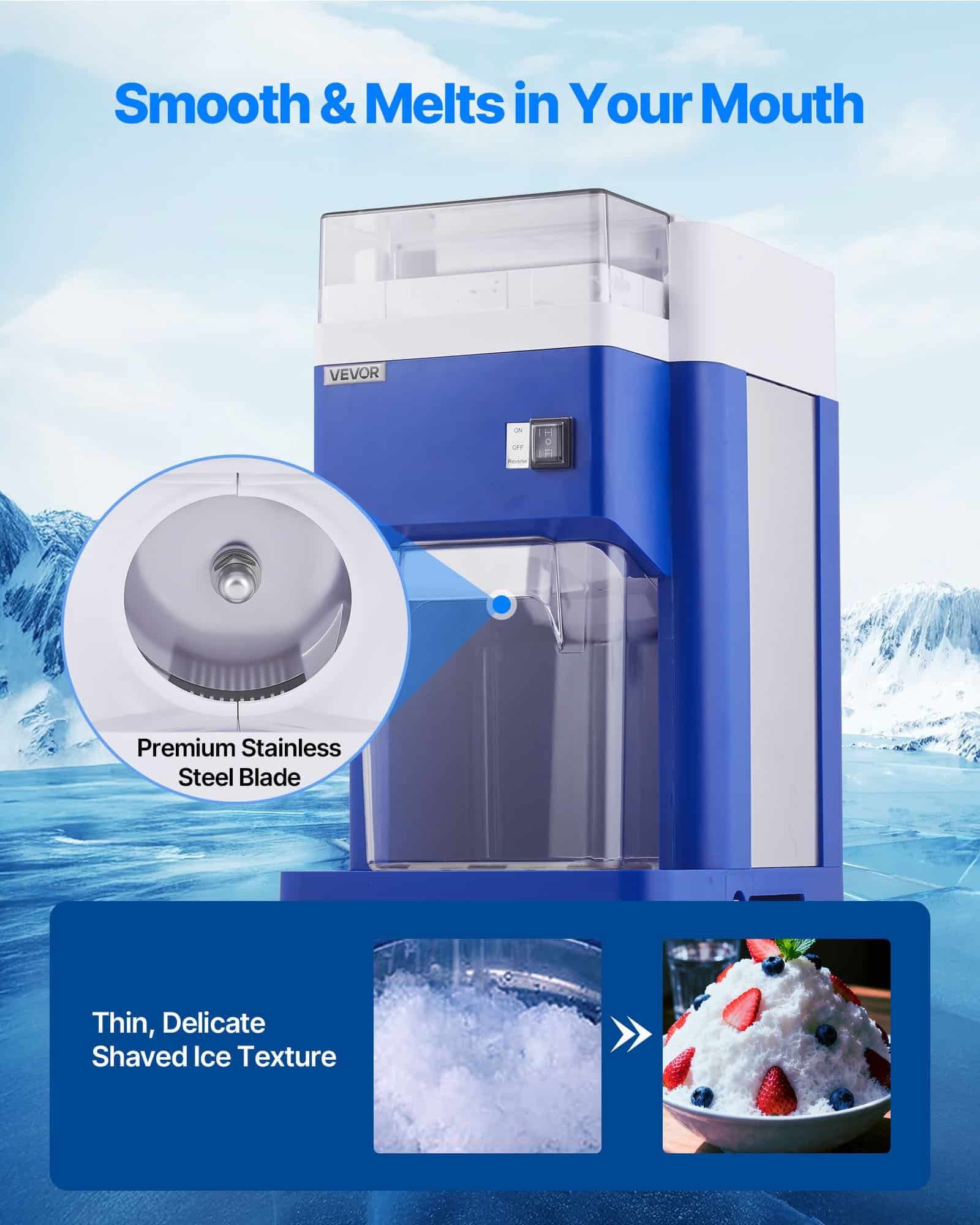 VEVOR Electric Ice Shaver Machine 1.8L, 300W, 130kg/h, Stainless Steel Blades, for Snow Cones, Desserts, Home & Commercial Use - Image 3