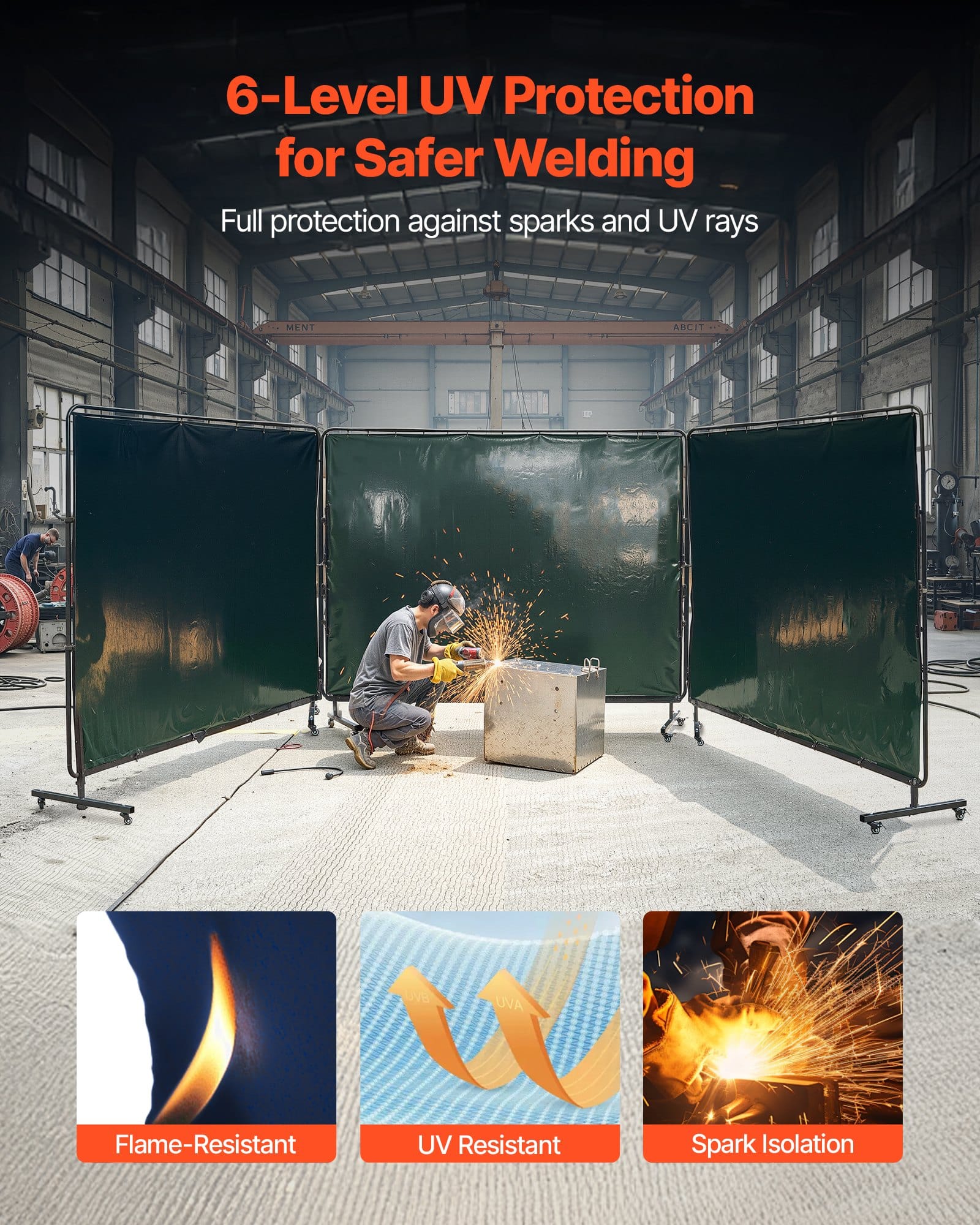 VEVOR 3-Panel Welding Screen with Frame, 1.74×2.34m Flame-Resistant Vinyl Curtain, UV Protected, 12 Wheels, Dark Green - Pilt 2