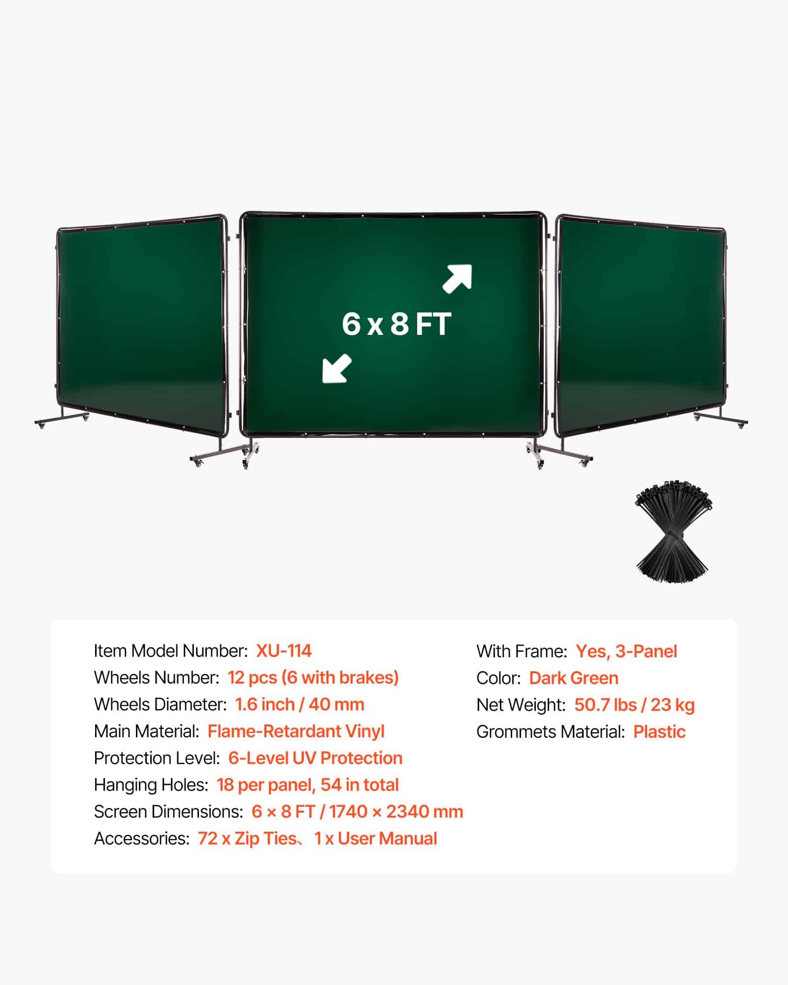 VEVOR 3-Panel Welding Screen with Frame, 1.74×2.34m Flame-Resistant Vinyl Curtain, UV Protected, 12 Wheels, Dark Green - Pilt 7