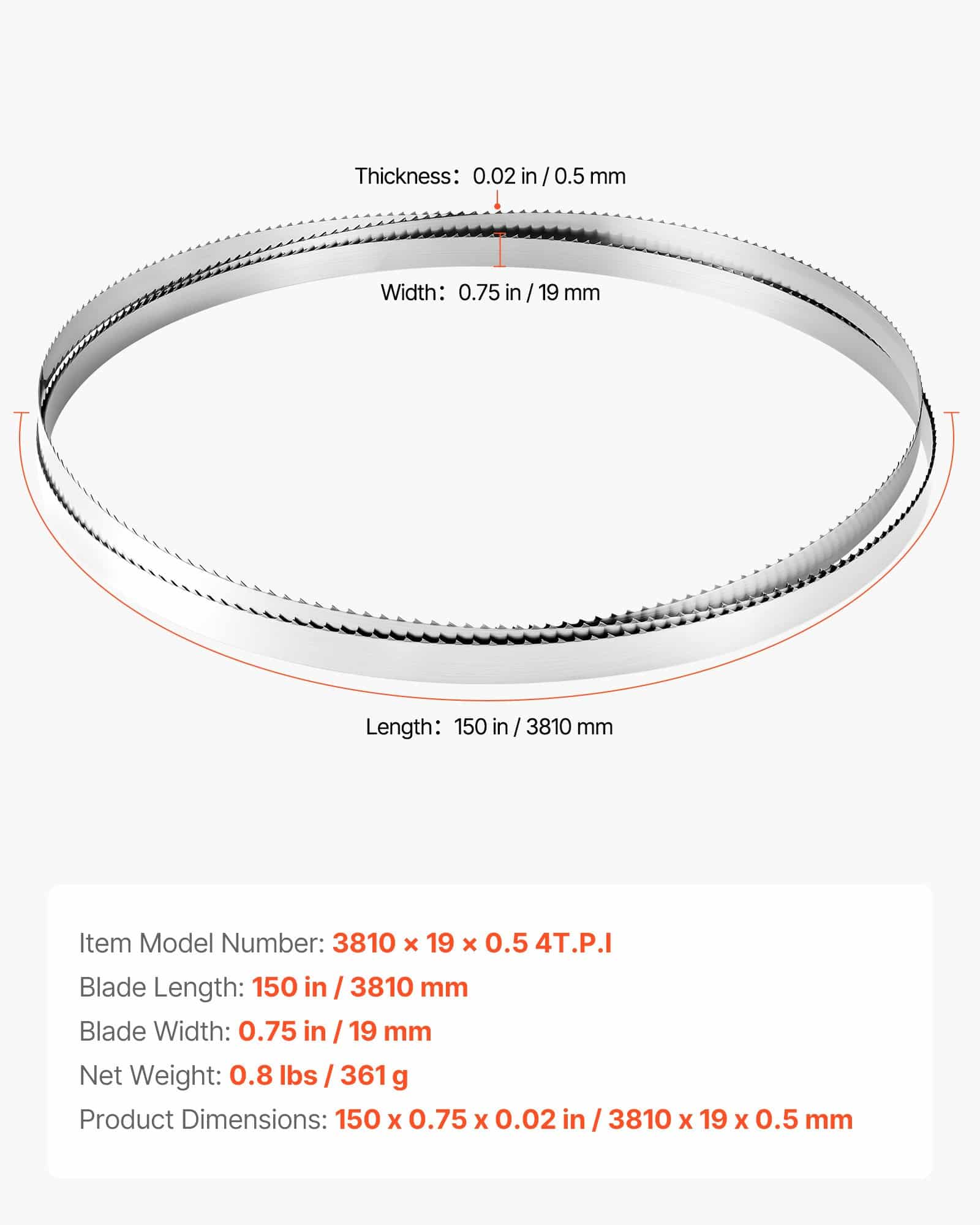 VEVOR 3810mm Bandsaw Blade, 4 TPI, 18 HRC SK5 Carbon Steel, 19mm Wide, Fits Major Woodworking Saws, 1 Pack - Image 7