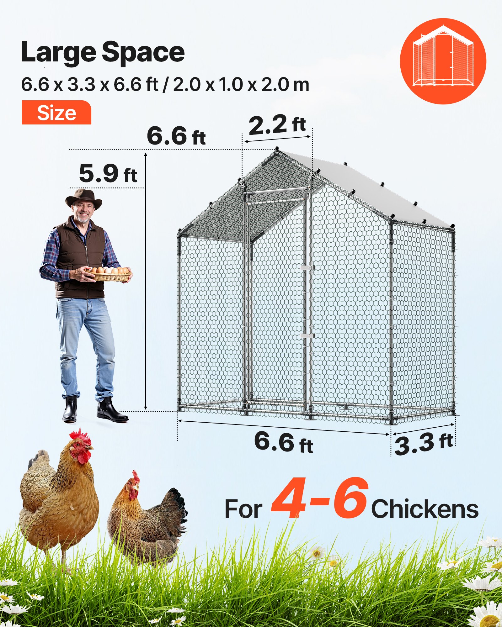 VEVOR 2x1x2 m Large Metal Chicken Coop with Spire Roof, Waterproof Cover & Galvanized Frame for Poultry, Ducks, Rabbits – Paveikslėlis 2