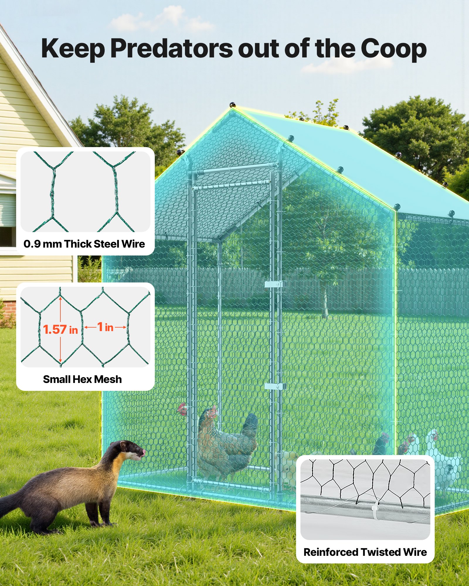 VEVOR 2x1x2 m Large Metal Chicken Coop with Spire Roof, Waterproof Cover & Galvanized Frame for Poultry, Ducks, Rabbits – Paveikslėlis 4