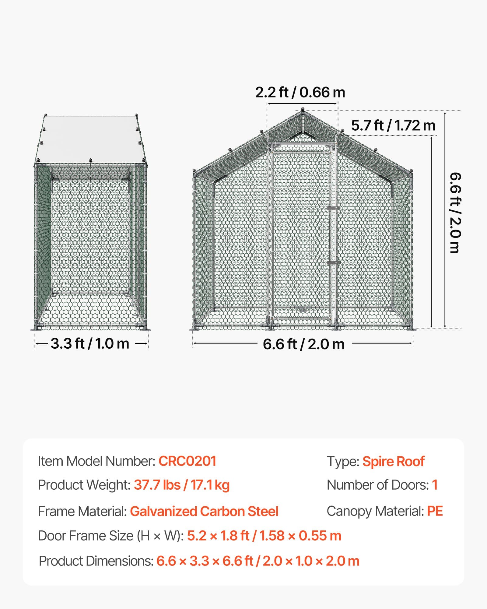 VEVOR 2x1x2 m Large Metal Chicken Coop with Spire Roof, Waterproof Cover & Galvanized Frame for Poultry, Ducks, Rabbits – Paveikslėlis 7