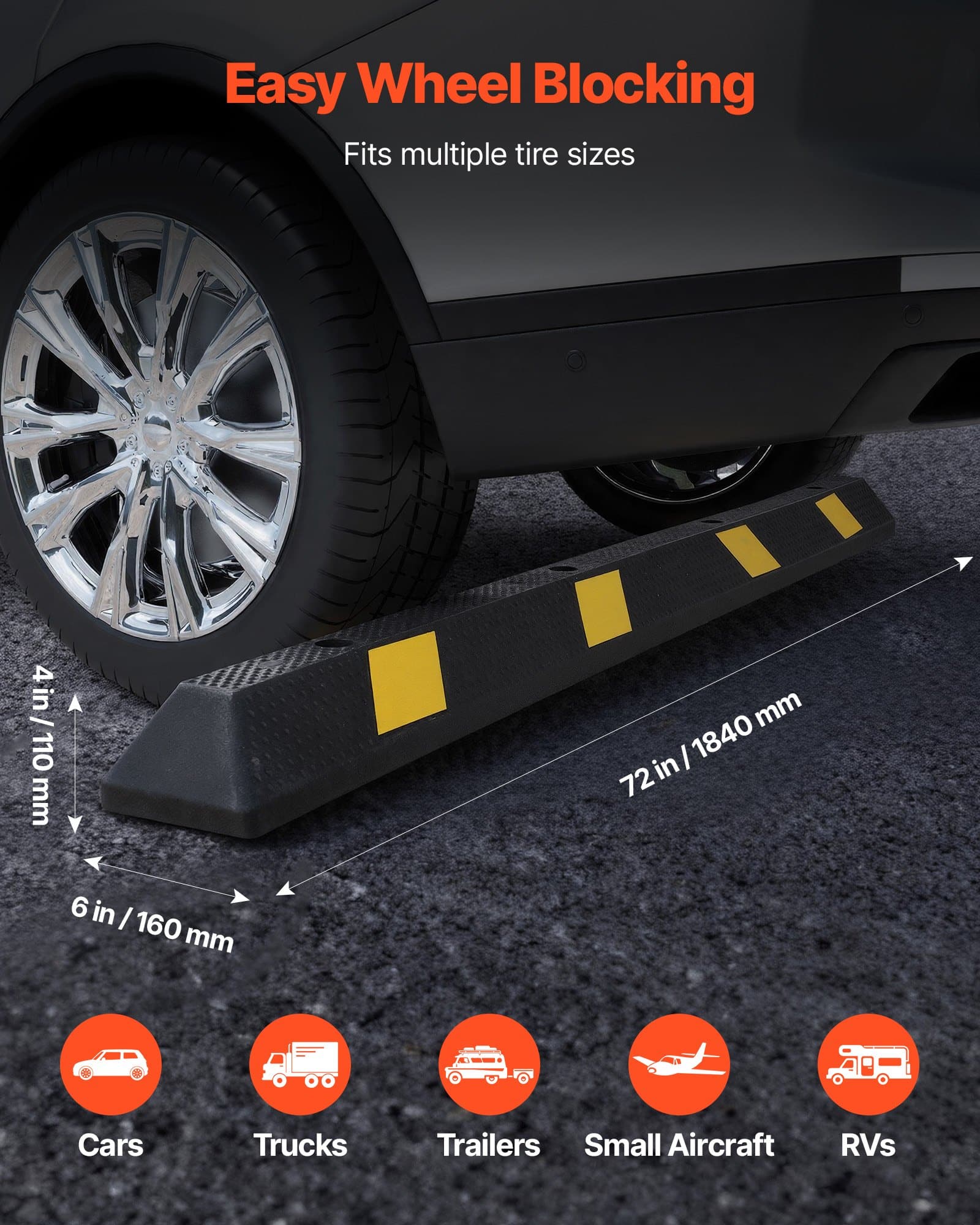 VEVOR 1840 mm Heavy-Duty Rubber Parking Stopper with Reflective Strips for Cars, Vans, Trucks, RVs – Garage Floor Curb Block - Image 2