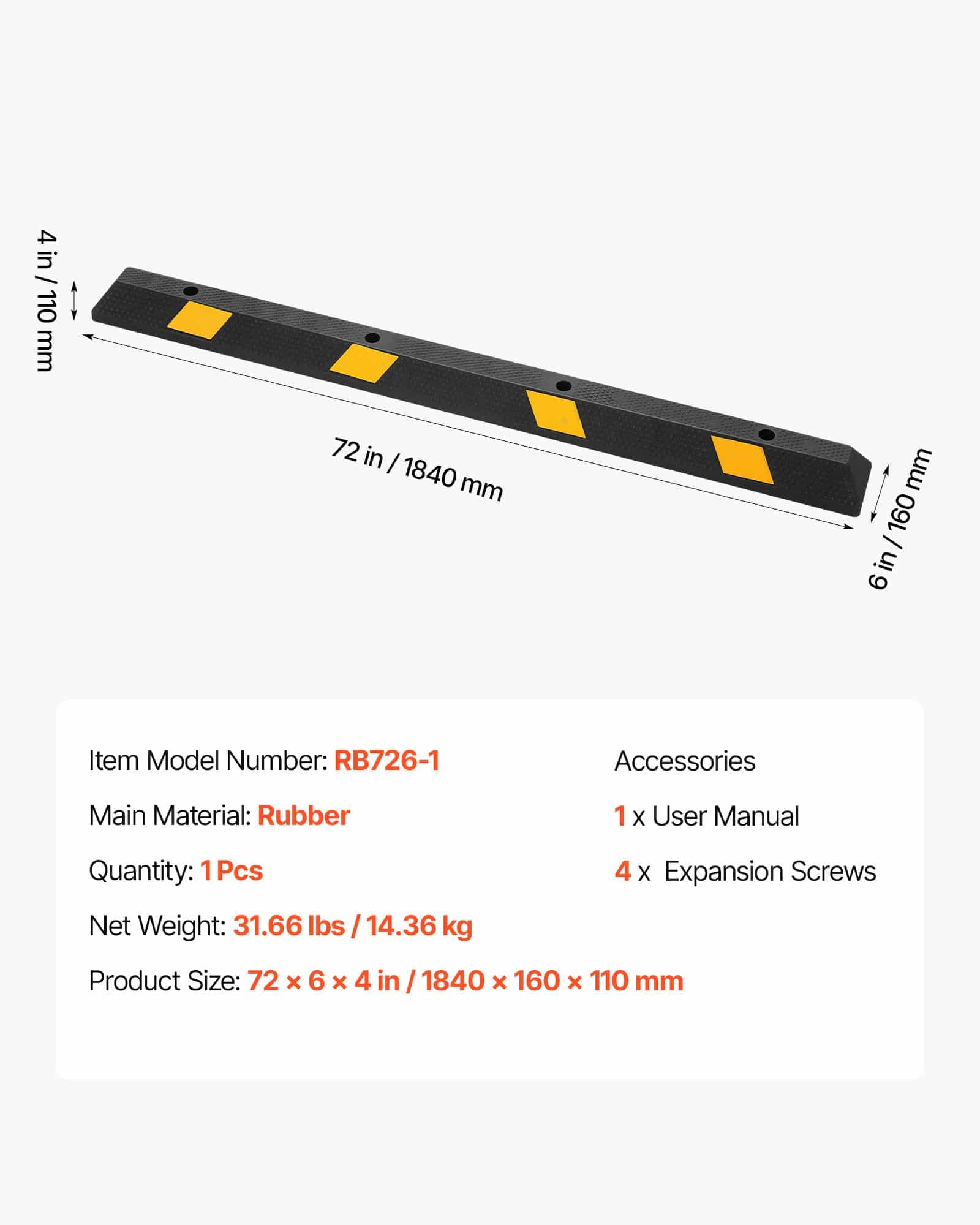 VEVOR 1840 mm Heavy-Duty Rubber Parking Stopper with Reflective Strips for Cars, Vans, Trucks, RVs – Garage Floor Curb Block - Image 7