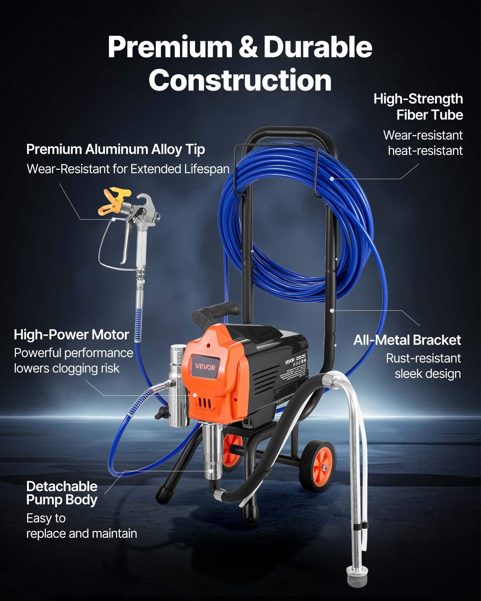 VEVOR 1500W Airless Paint Sprayer with Cart, 227 Bar, 2.65 L/min Flow, Hose, Nozzles & Rod - For Large Buildings & Apartments — attēls 6