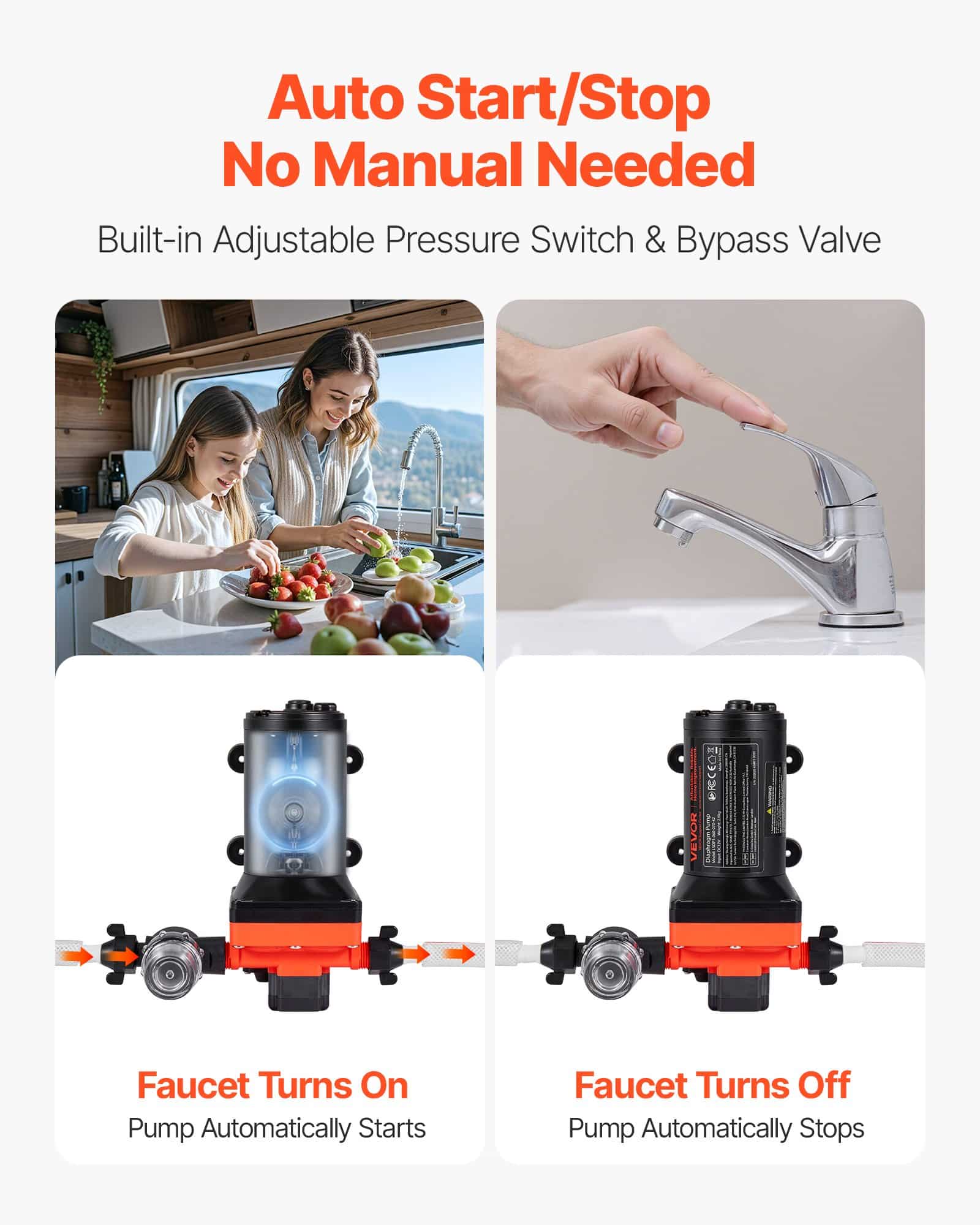 VEVOR 12V Diaphragm Water Pump, 22.7 L/min, 70 PSI, 4-Chamber, Auto Pressure Switch, for RV, Marine, Car Wash, Irrigation - Pilt 3