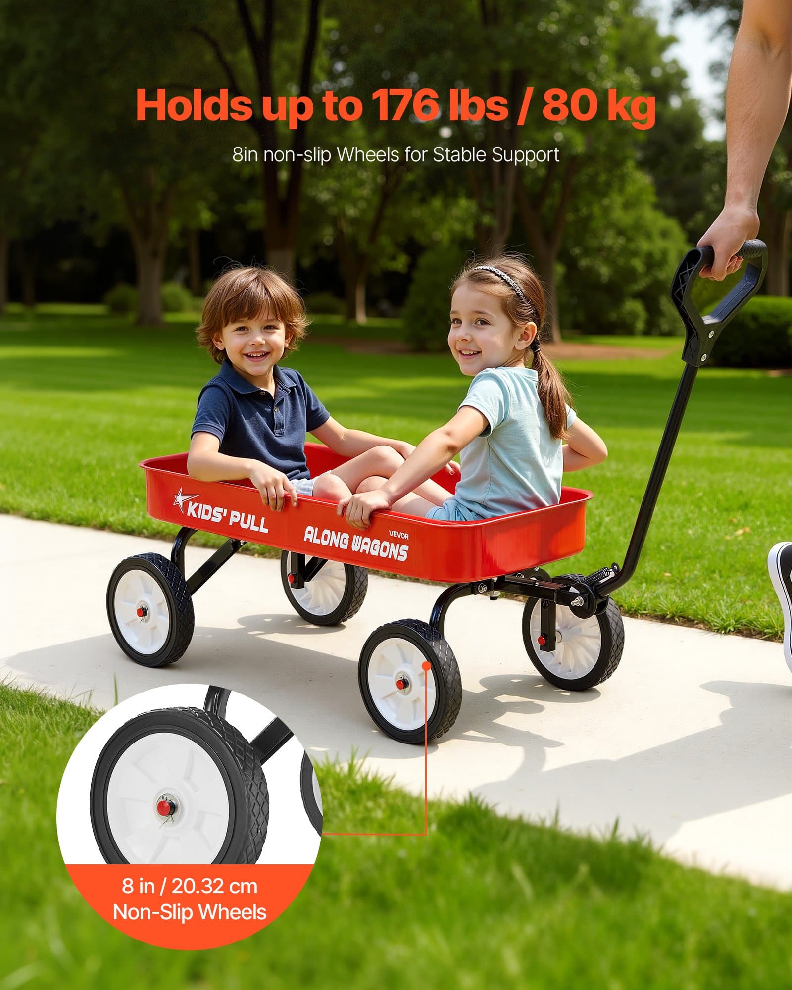 VEVOR Kids Pull-Along Wagon, 101 cm Red Utility Cart, 80 kg Load, All-Terrain Wheels, for Garden, Beach, Camping & Gifts — изображение 2