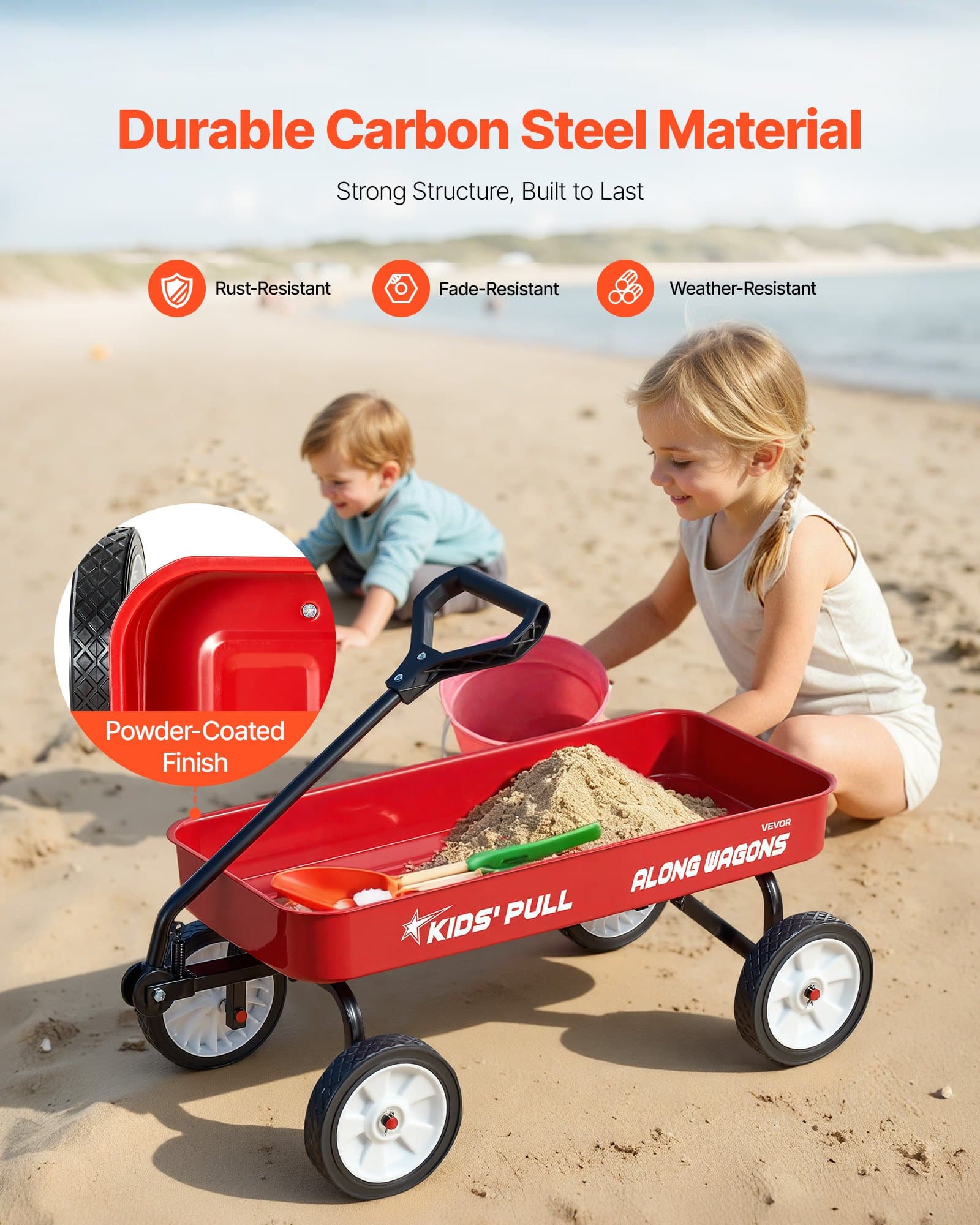 VEVOR Kids Pull-Along Wagon, 101 cm Red Utility Cart, 80 kg Load, All-Terrain Wheels, for Garden, Beach, Camping & Gifts — изображение 3