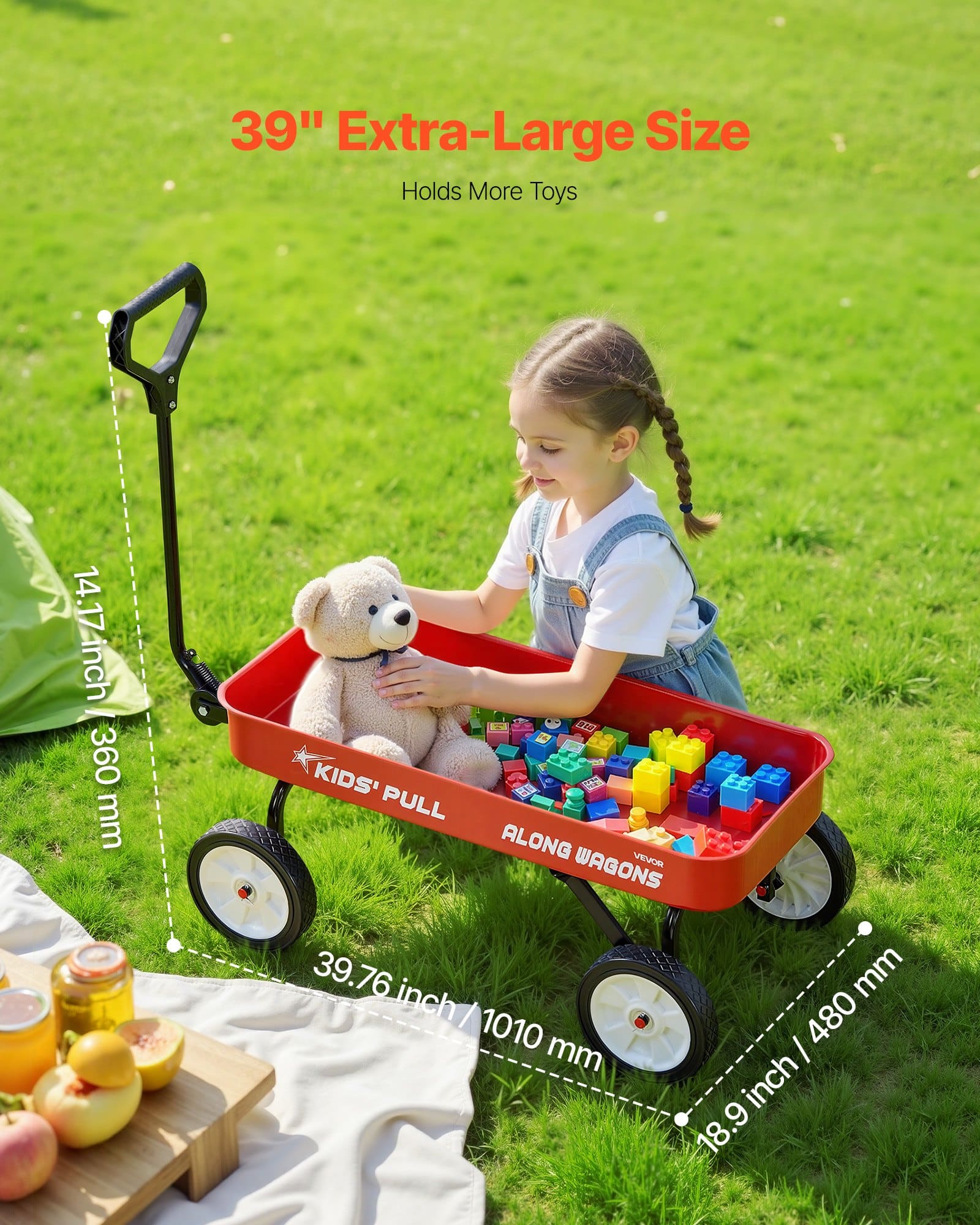 VEVOR Kids Pull-Along Wagon, 101 cm Red Utility Cart, 80 kg Load, All-Terrain Wheels, for Garden, Beach, Camping & Gifts — изображение 4