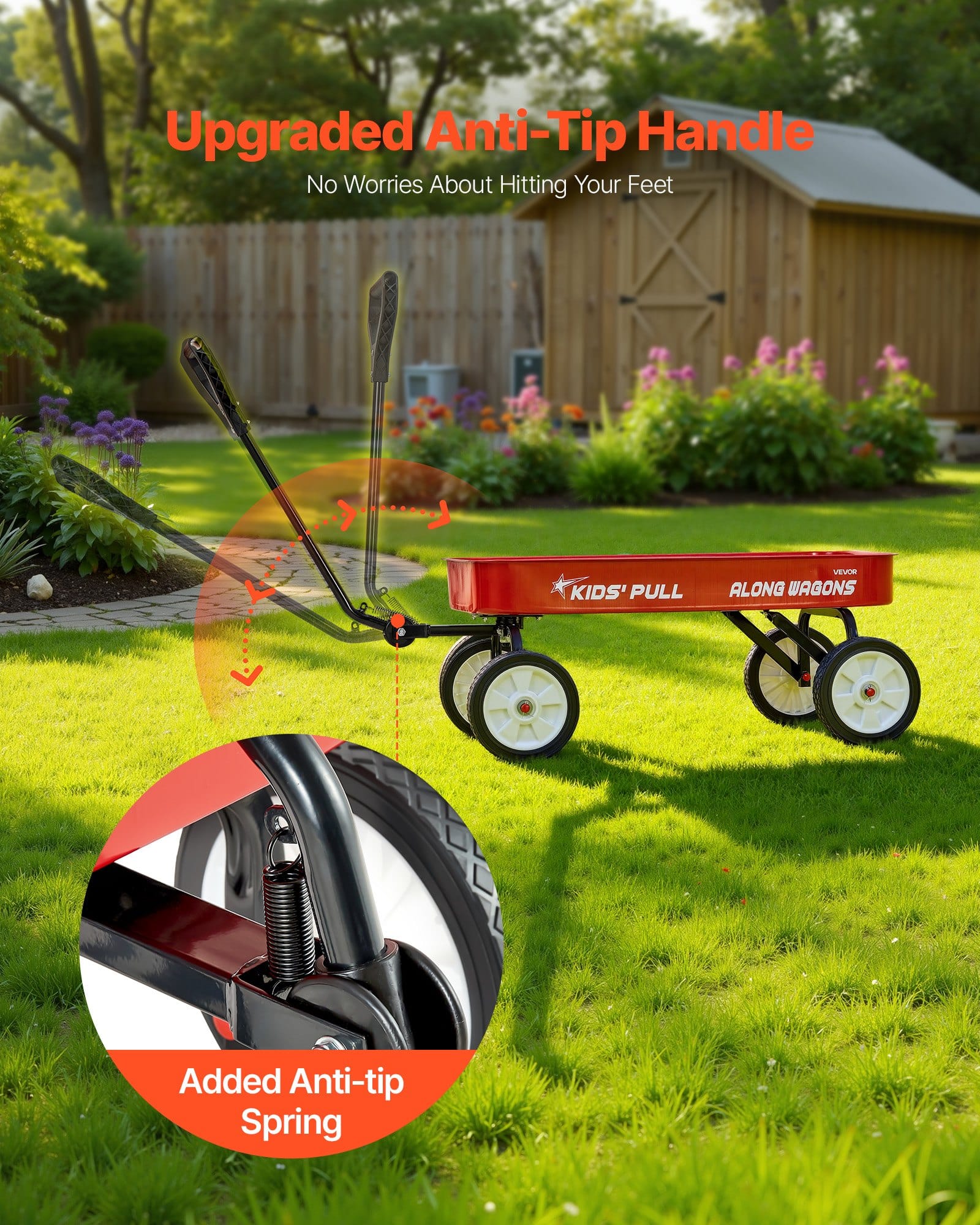 VEVOR Kids Pull-Along Wagon, 101 cm Red Utility Cart, 80 kg Load, All-Terrain Wheels, for Garden, Beach, Camping & Gifts — изображение 5