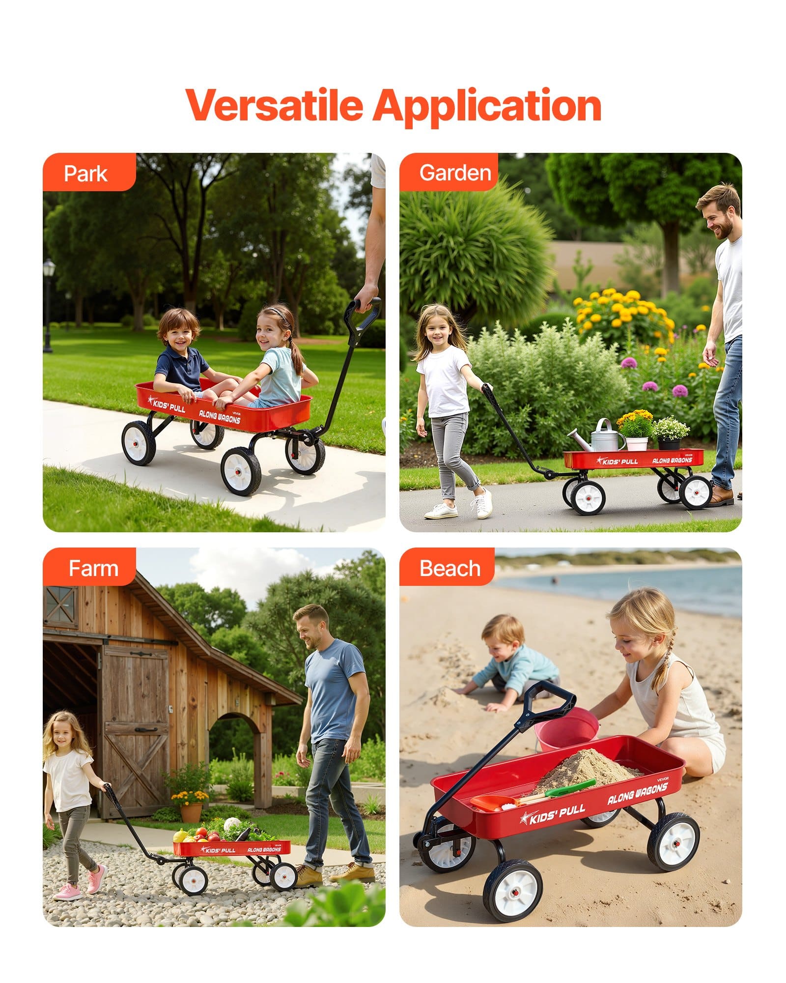 VEVOR Kids Pull-Along Wagon, 101 cm Red Utility Cart, 80 kg Load, All-Terrain Wheels, for Garden, Beach, Camping & Gifts — изображение 6