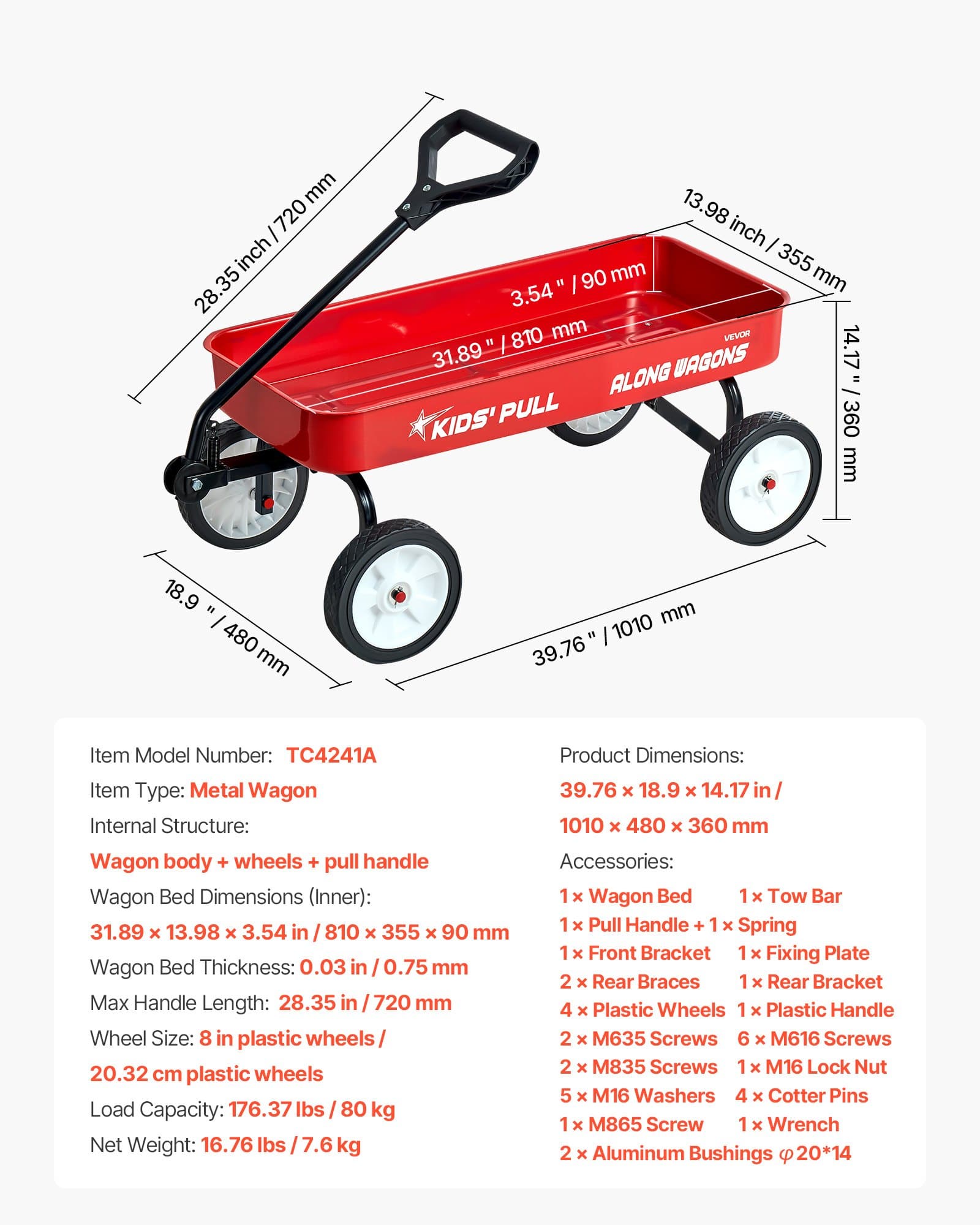 VEVOR Kids Pull-Along Wagon, 101 cm Red Utility Cart, 80 kg Load, All-Terrain Wheels, for Garden, Beach, Camping & Gifts — изображение 7