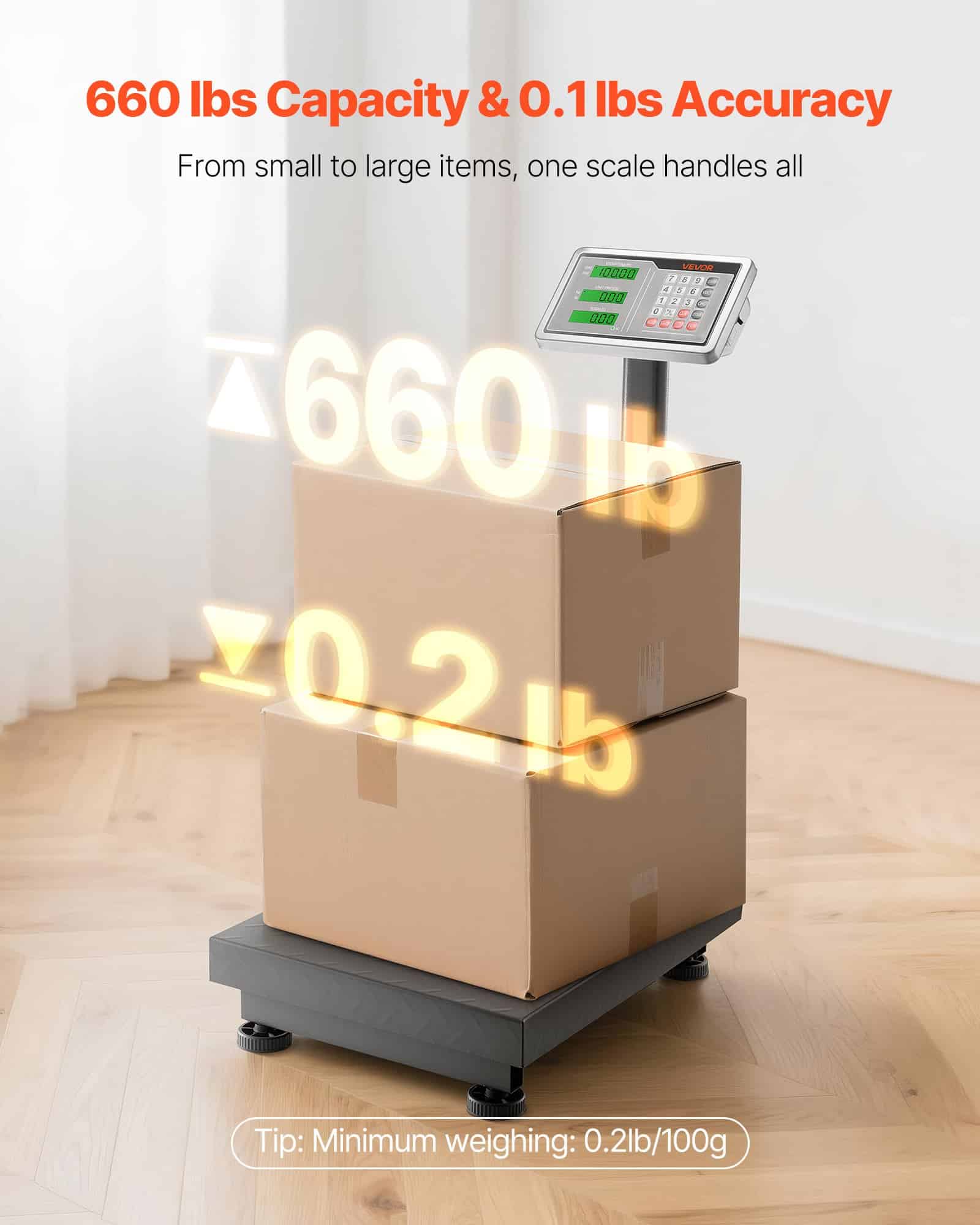 VEVOR Digital Platform Scale, 300kg Capacity, 50g Accuracy, Floor Scale with Tare, Price Calc, AC/DC Power, for Shipping & Luggage - Pilt 2
