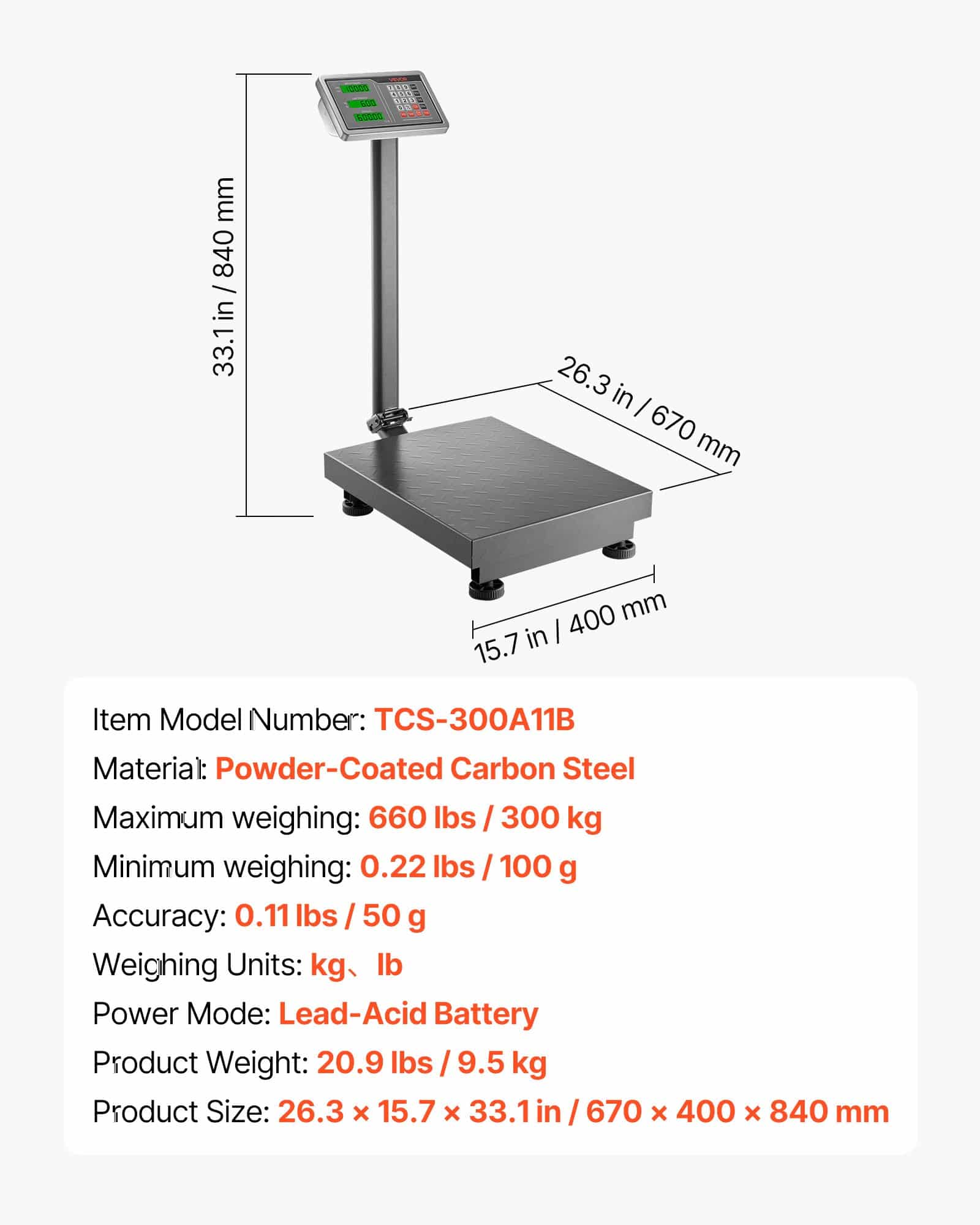 VEVOR Digital Platform Scale, 300kg Capacity, 50g Accuracy, Floor Scale with Tare, Price Calc, AC/DC Power, for Shipping & Luggage - Pilt 7