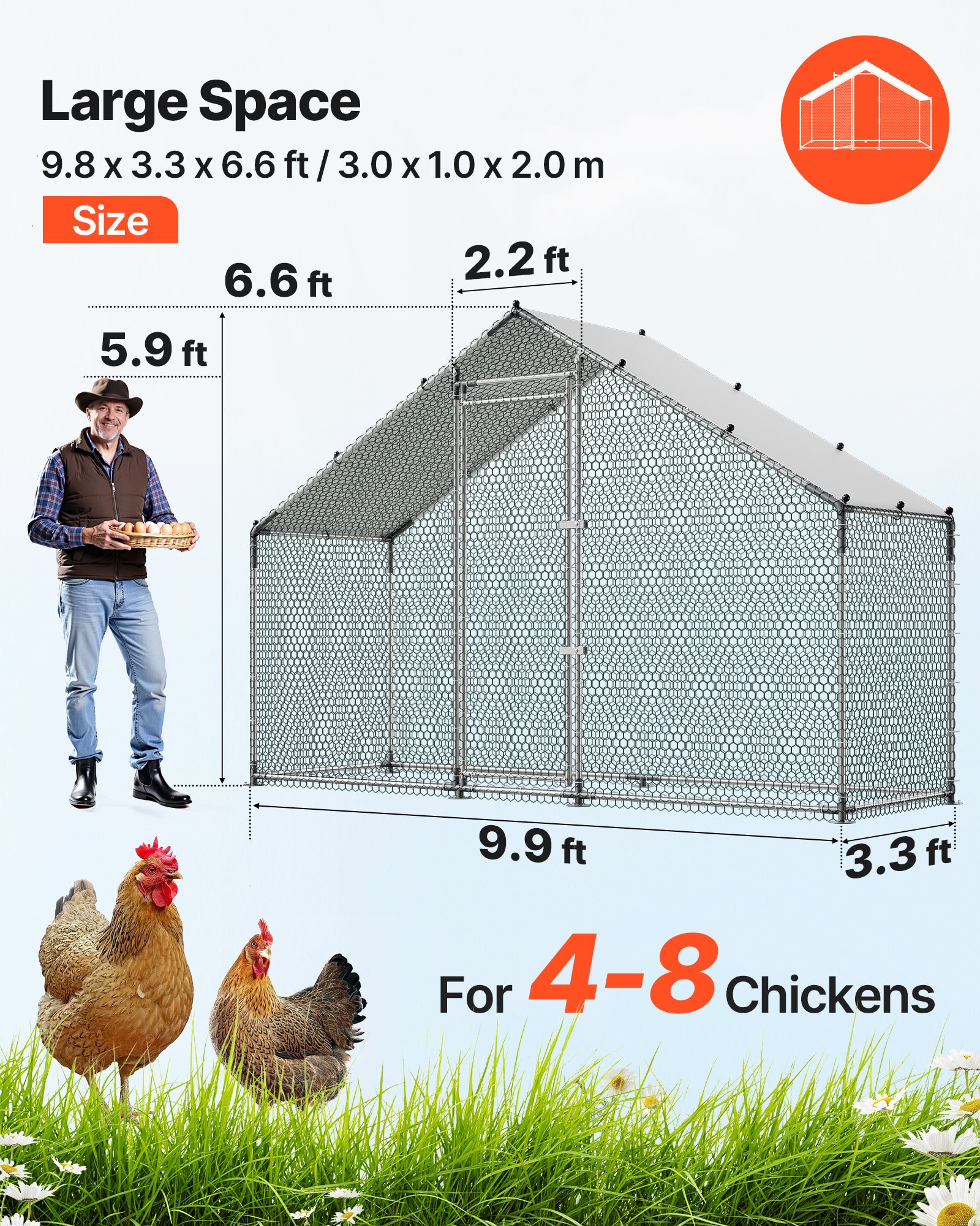 VEVOR Large 3x1x2 m Metal Chicken Coop with Spire Roof, Waterproof Cover, Steel Frame for Hens, Ducks, Rabbits - Outdoor Use — attēls 2