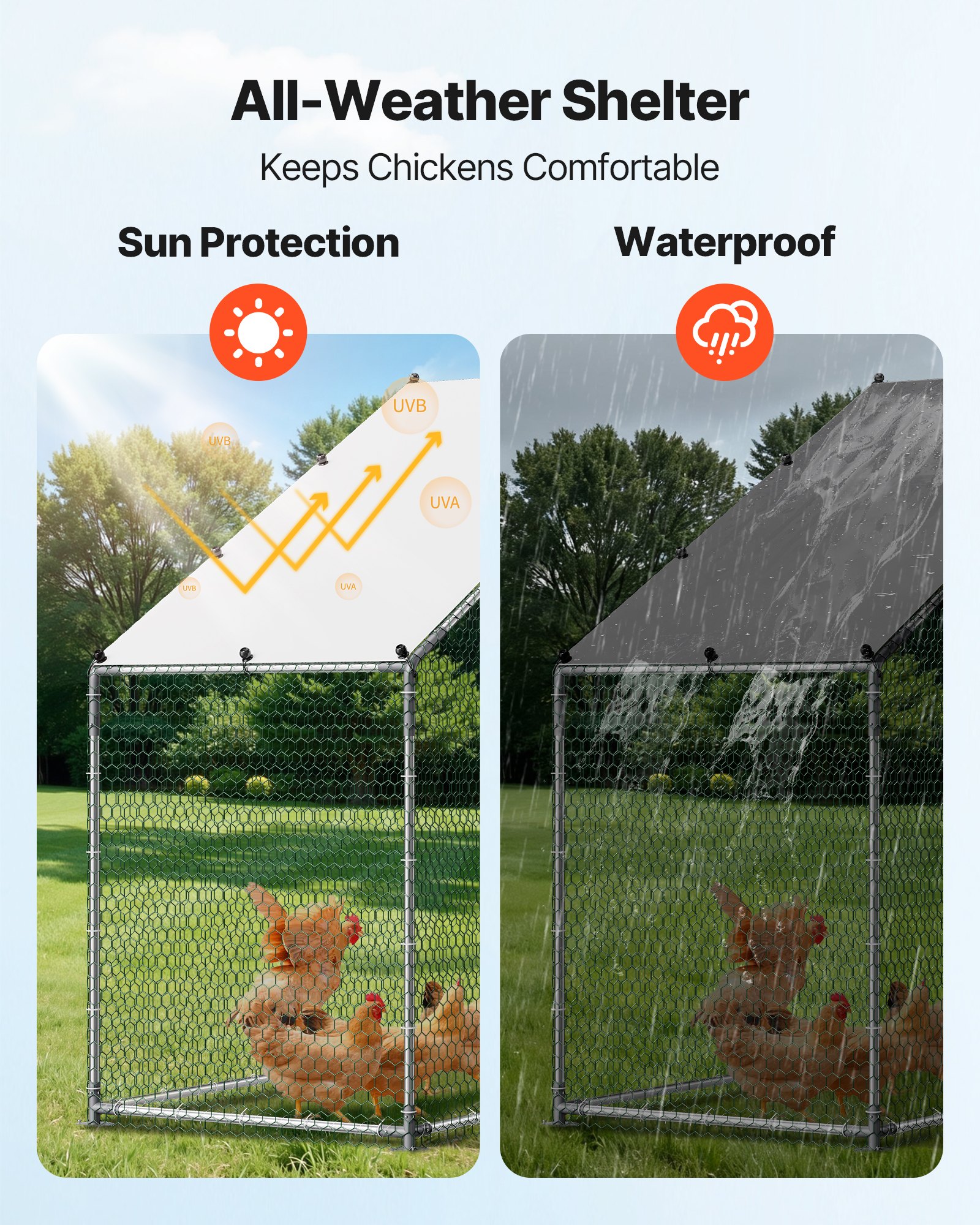 VEVOR Large 3x1x2 m Metal Chicken Coop with Spire Roof, Waterproof Cover, Steel Frame for Hens, Ducks, Rabbits - Outdoor Use — attēls 5