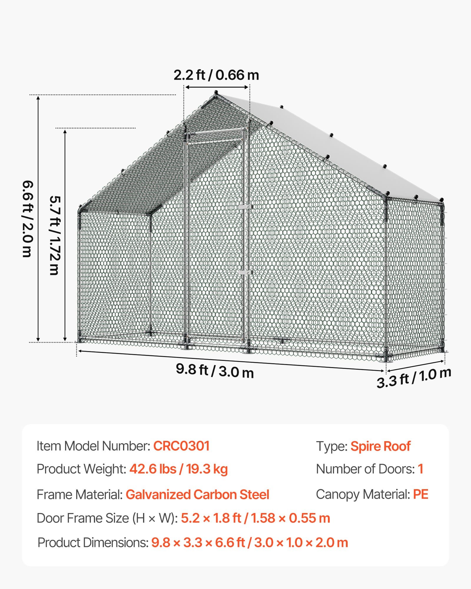VEVOR Large 3x1x2 m Metal Chicken Coop with Spire Roof, Waterproof Cover, Steel Frame for Hens, Ducks, Rabbits - Outdoor Use — attēls 7