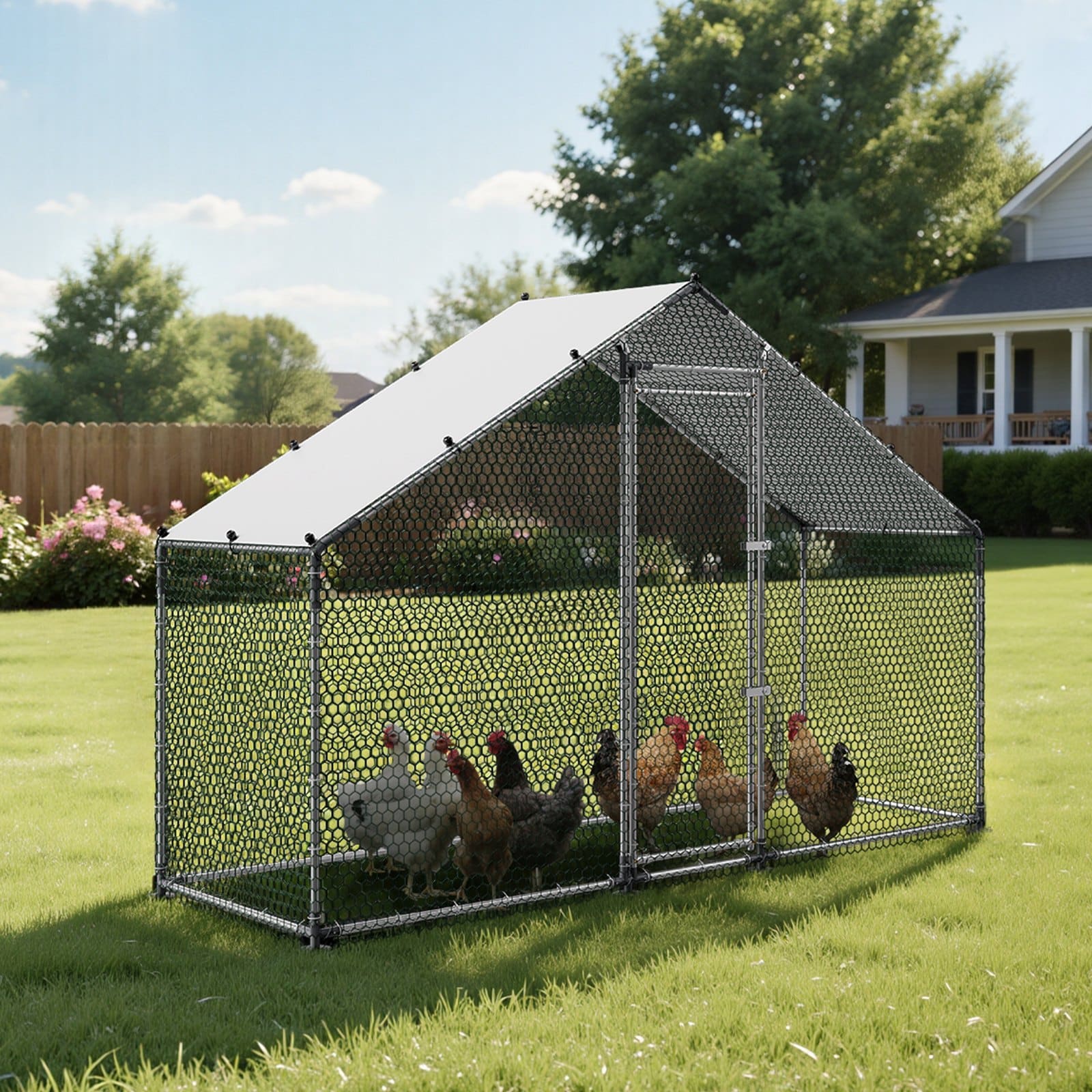 VEVOR Large 3x1x2 m Metal Chicken Coop with Spire Roof, Waterproof Cover, Steel Frame for Hens, Ducks, Rabbits - Outdoor Use — attēls 8
