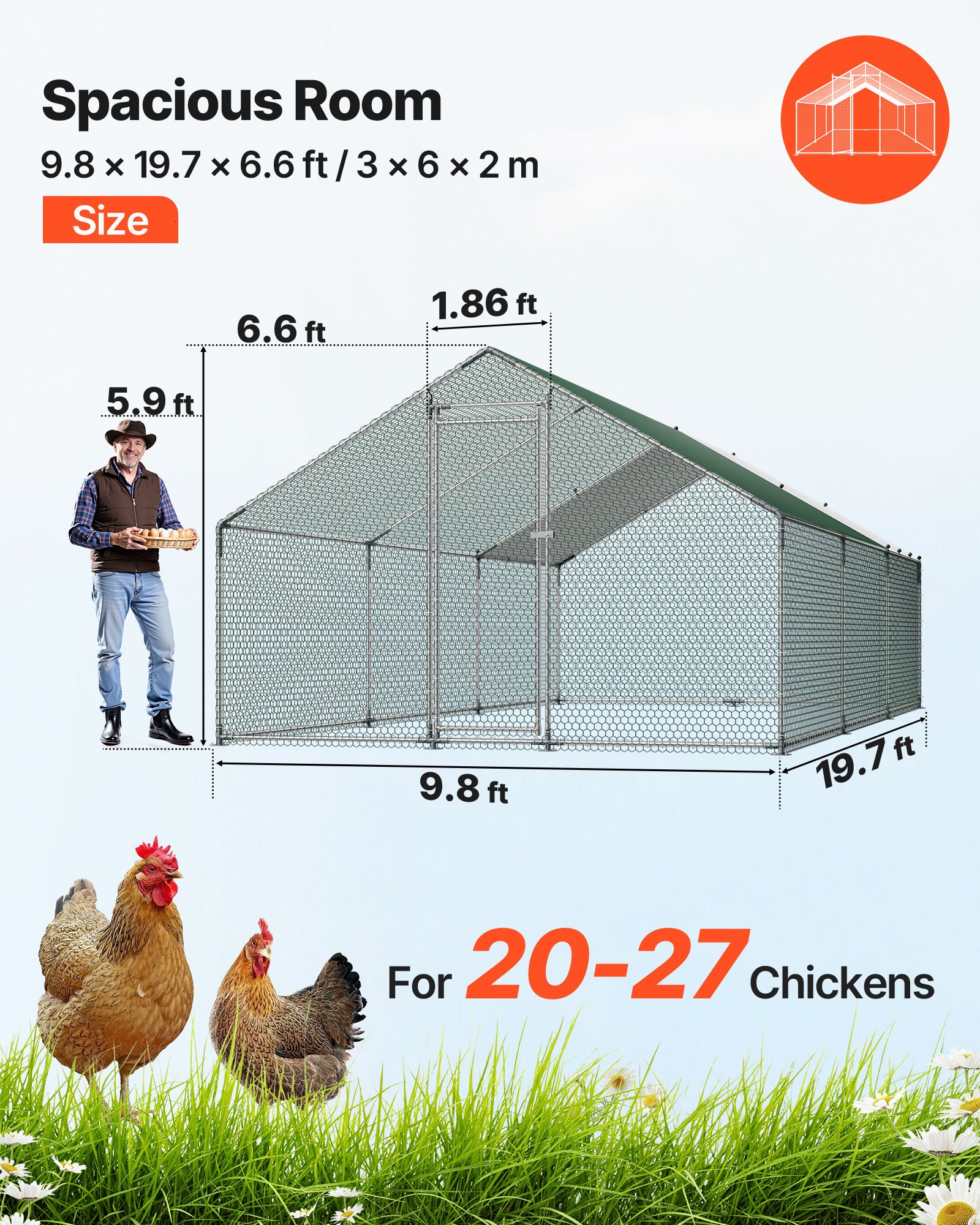 VEVOR Large Walk-in Metal Chicken Coop 3x6x2 m with Cover & Lock, Outdoor Poultry Pen for Chickens, Ducks, Rabbits - Weatherproof - Pilt 2