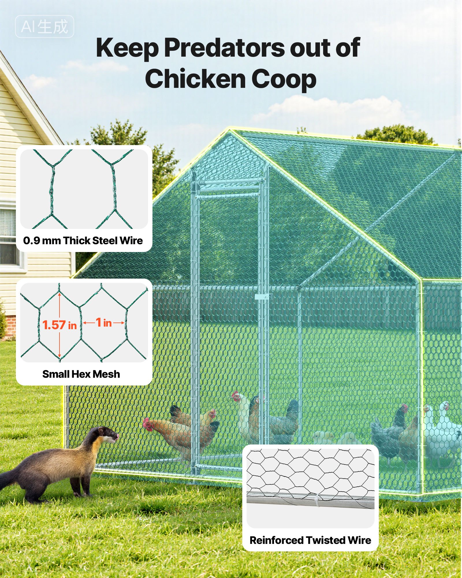 VEVOR Large Walk-in Metal Chicken Coop 3x6x2 m with Cover & Lock, Outdoor Poultry Pen for Chickens, Ducks, Rabbits - Weatherproof - Pilt 4