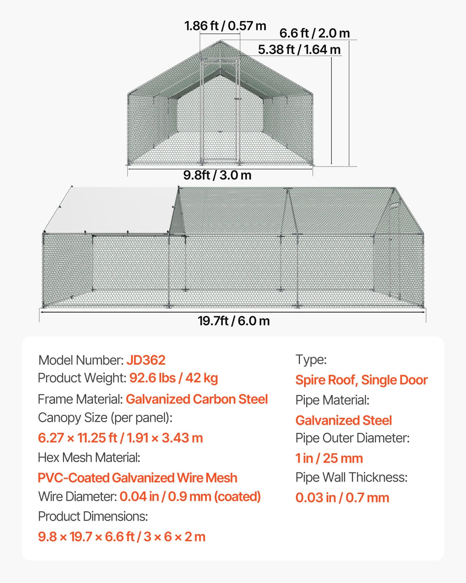 VEVOR Large Walk-in Metal Chicken Coop 3x6x2 m with Cover & Lock, Outdoor Poultry Pen for Chickens, Ducks, Rabbits - Weatherproof - Pilt 7
