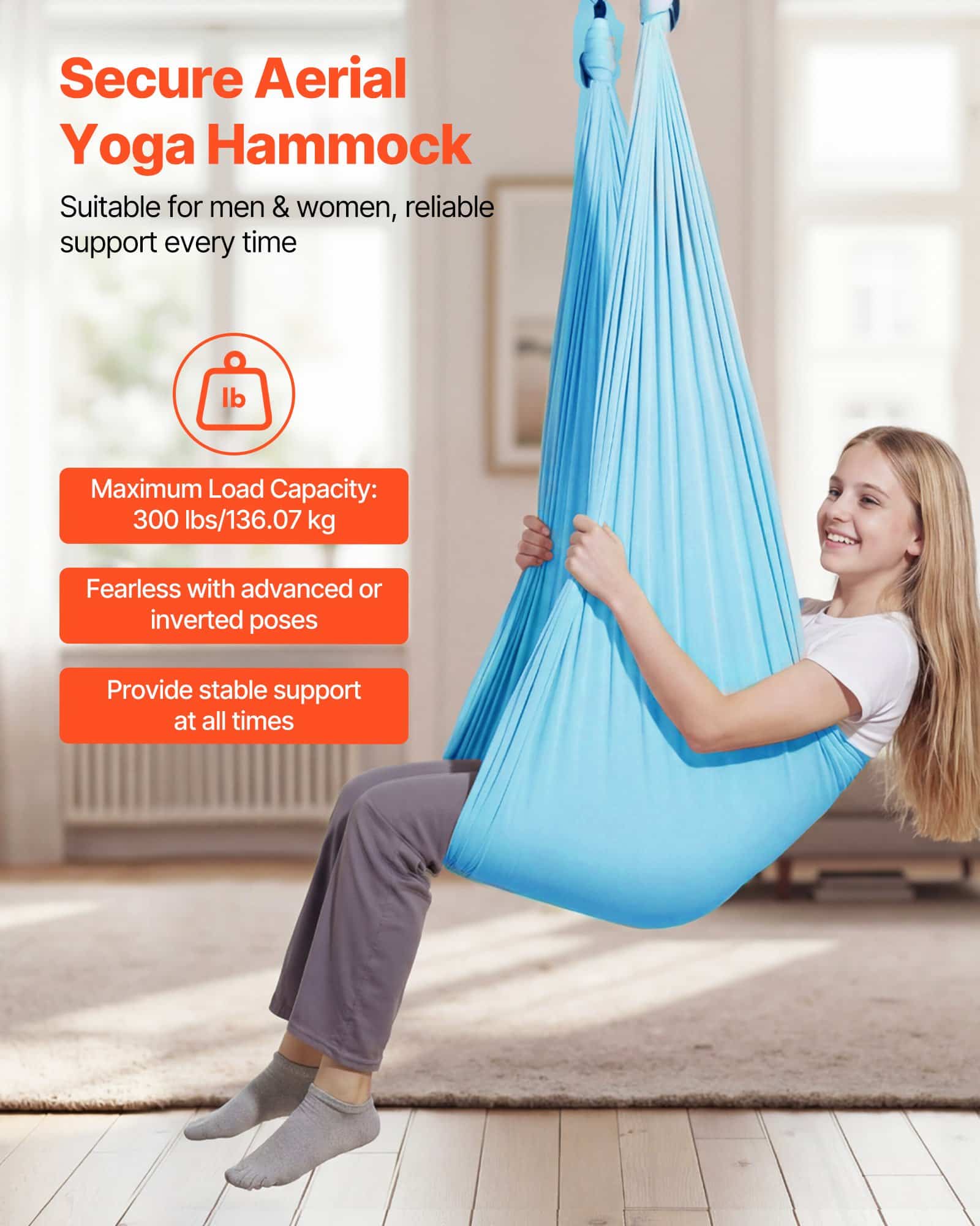 VEVOR Aerial Yoga Swing Hammock 136 kg Load, Spandex Fabric, 360° Swivel, with Rope & Bag – for Home, Gym & Outdoor Use — Attēls 3