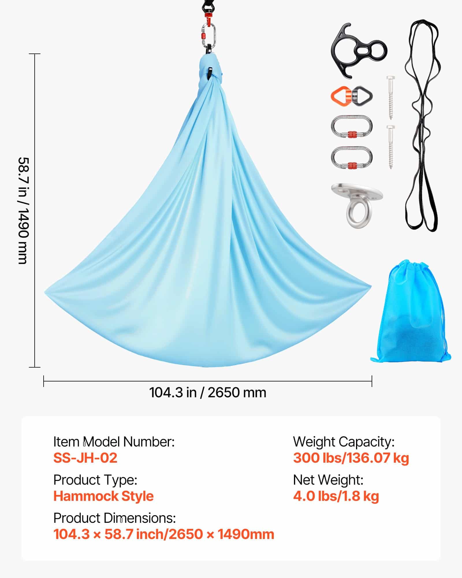 VEVOR Aerial Yoga Swing Hammock 136 kg Load, Spandex Fabric, 360° Swivel, with Rope & Bag – for Home, Gym & Outdoor Use — Attēls 7