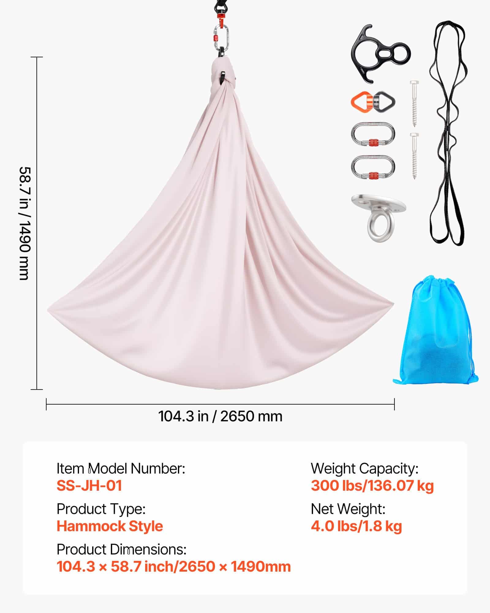 VEVOR Aerial Yoga Hammock & Swing Combo, 136 kg Load, Spandex Fabric, 360° Rotation, with PE Bag for Home & Studio Use — Attēls 7