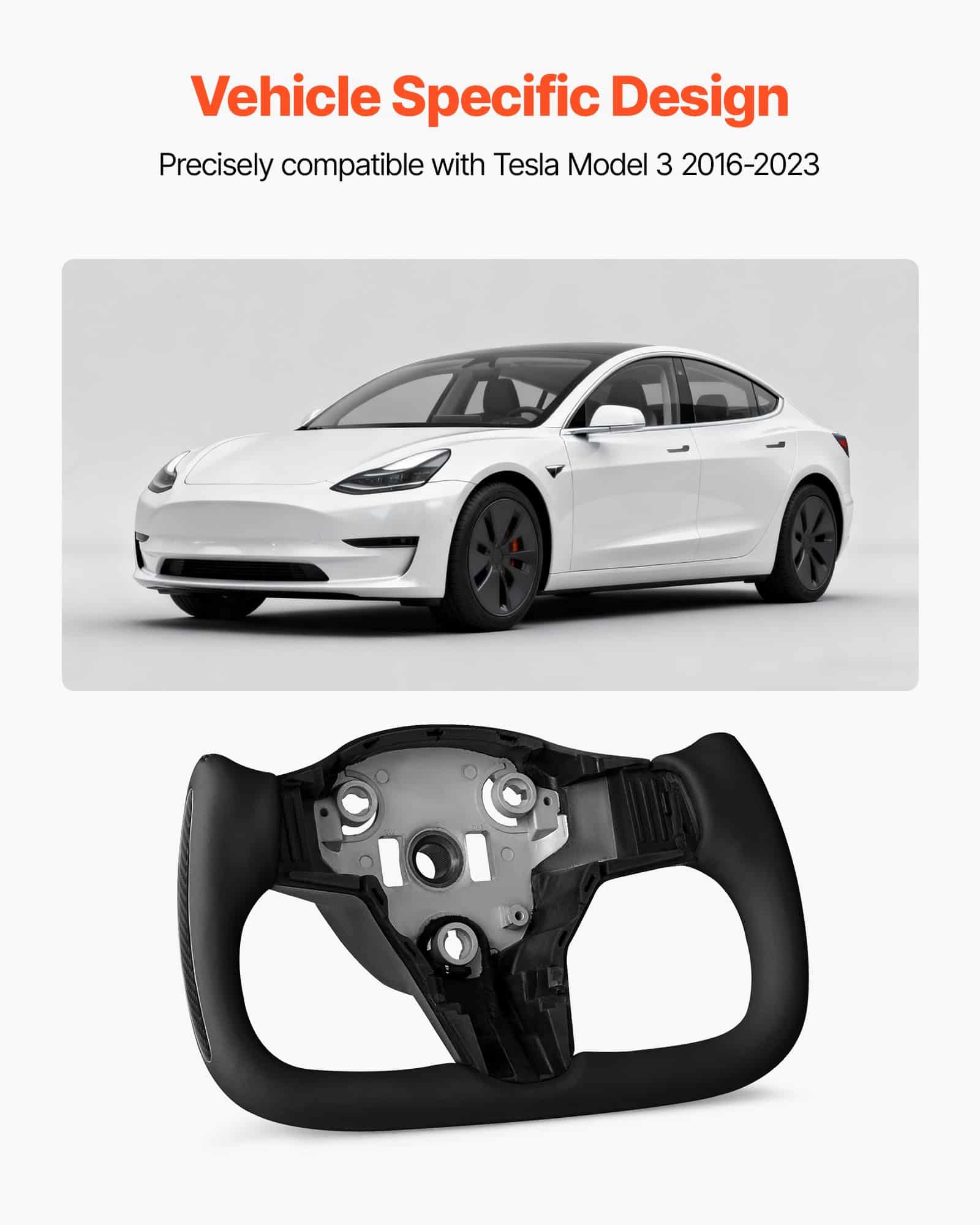 Heated Carbon Fiber Steering Wheel for Tesla Model 3 (2016–2023), D-Shape, Leather Grip, Flat-Bottom, Black - Зображення 2