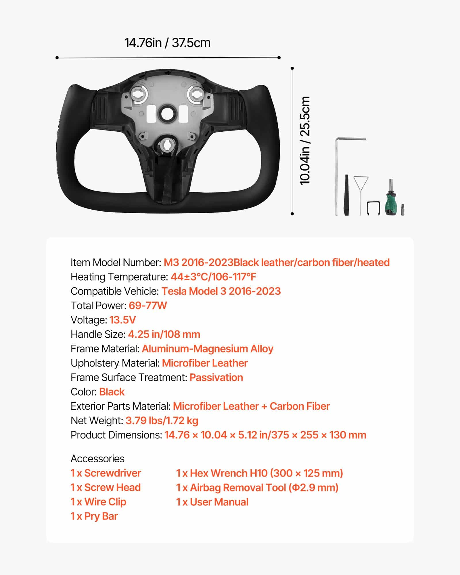 Heated Carbon Fiber Steering Wheel for Tesla Model 3 (2016–2023), D-Shape, Leather Grip, Flat-Bottom, Black - Зображення 7
