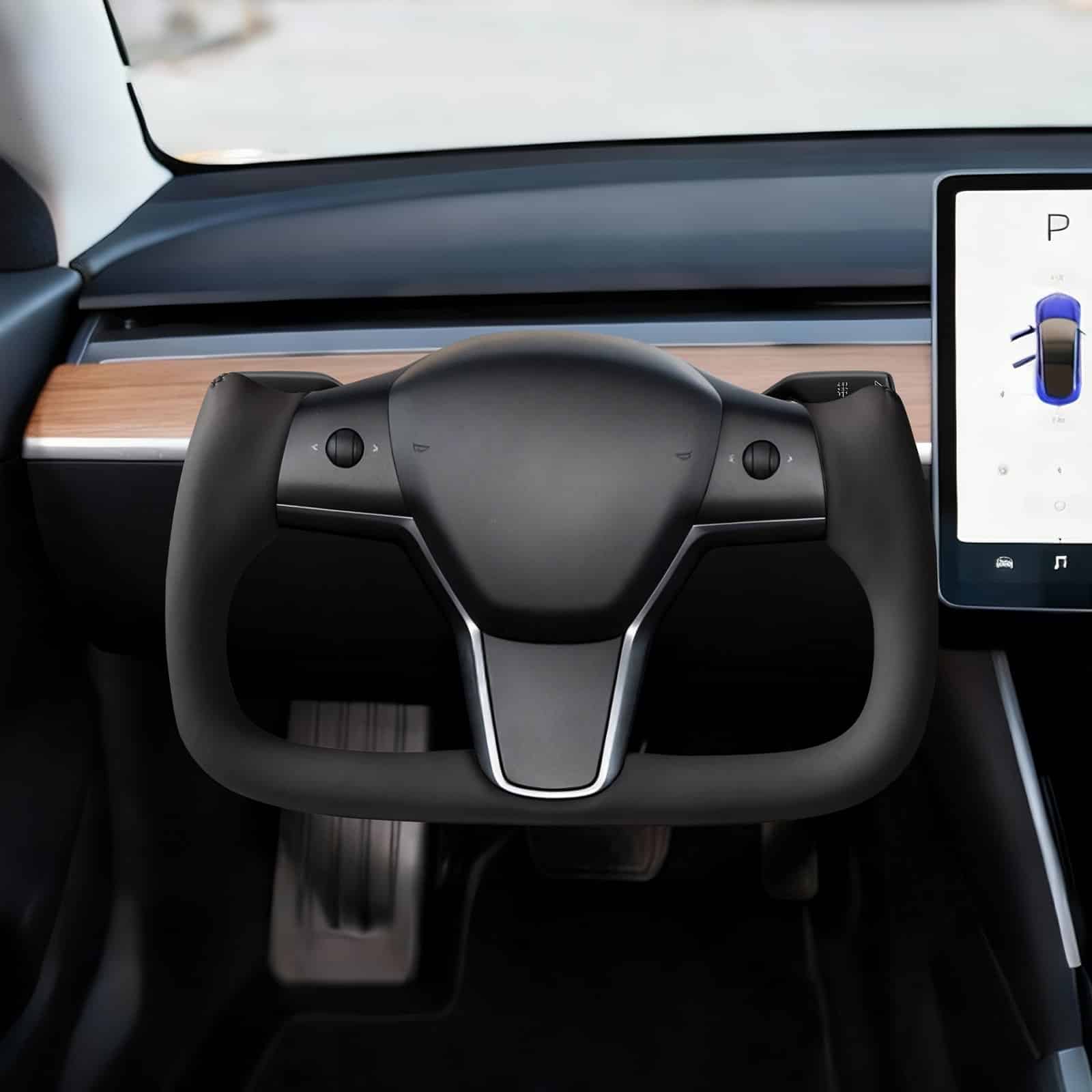 Heated Carbon Fiber Steering Wheel for Tesla Model 3 (2016–2023), D-Shape, Leather Grip, Flat-Bottom, Black - Зображення 8