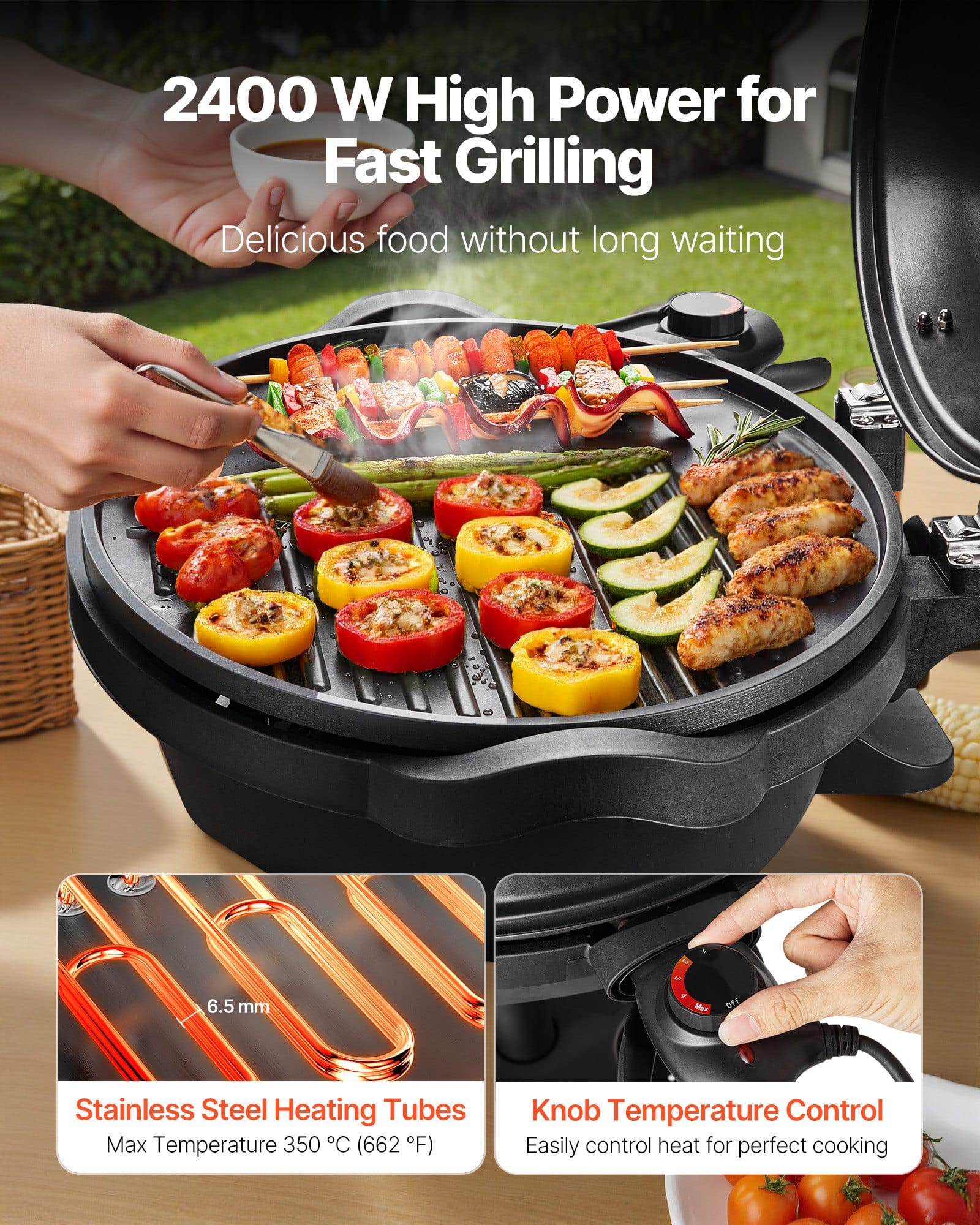 VEVOR 2400W 2-in-1 Electric BBQ Grill with Stand & Tabletop Use, 50–350 ...