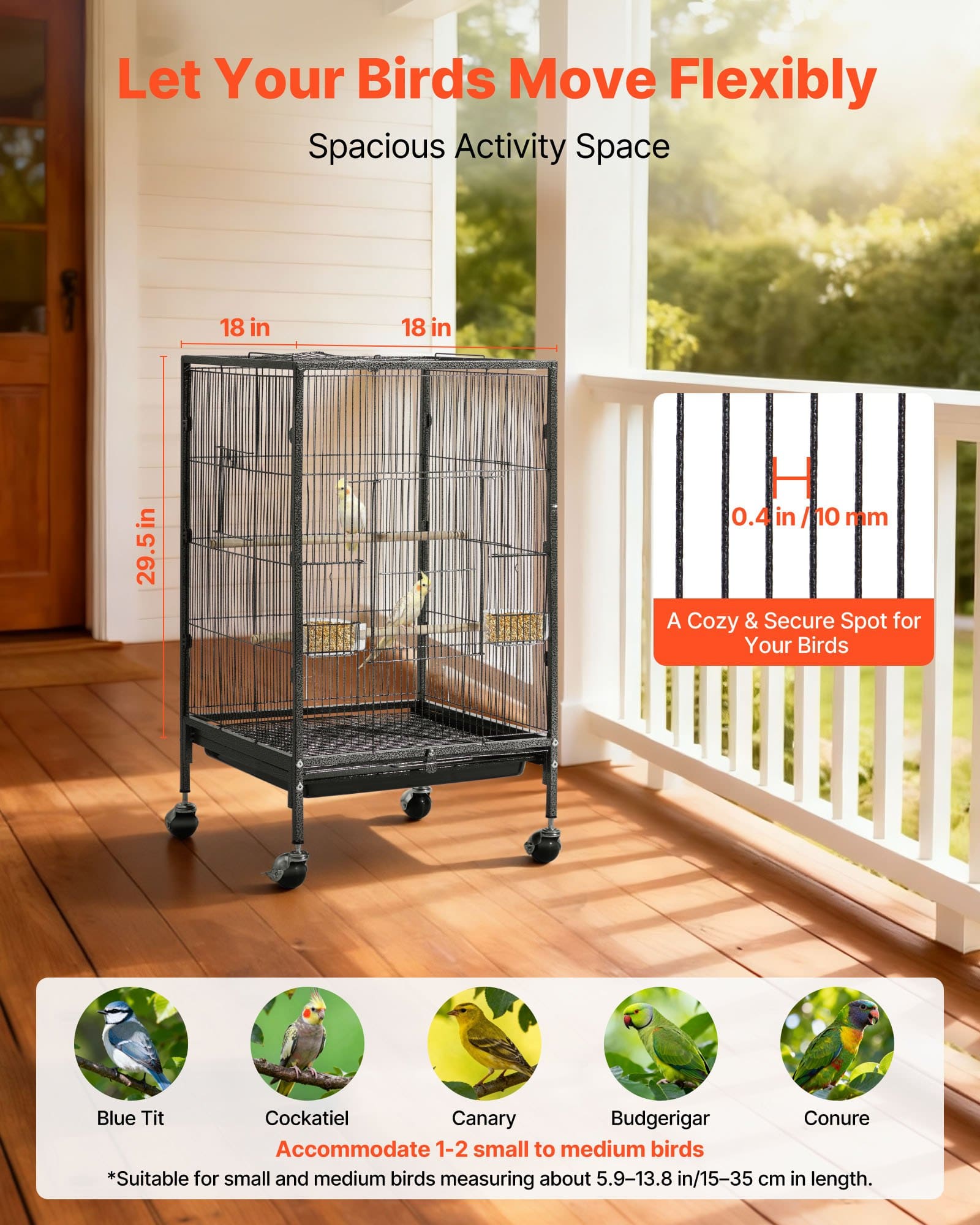VEVOR Bird Cage 460x460x770 mm, Wrought Iron Flight Cage with Open Top, Perches, Tray, Wheels, for Parrots & Small Birds — изображение 2