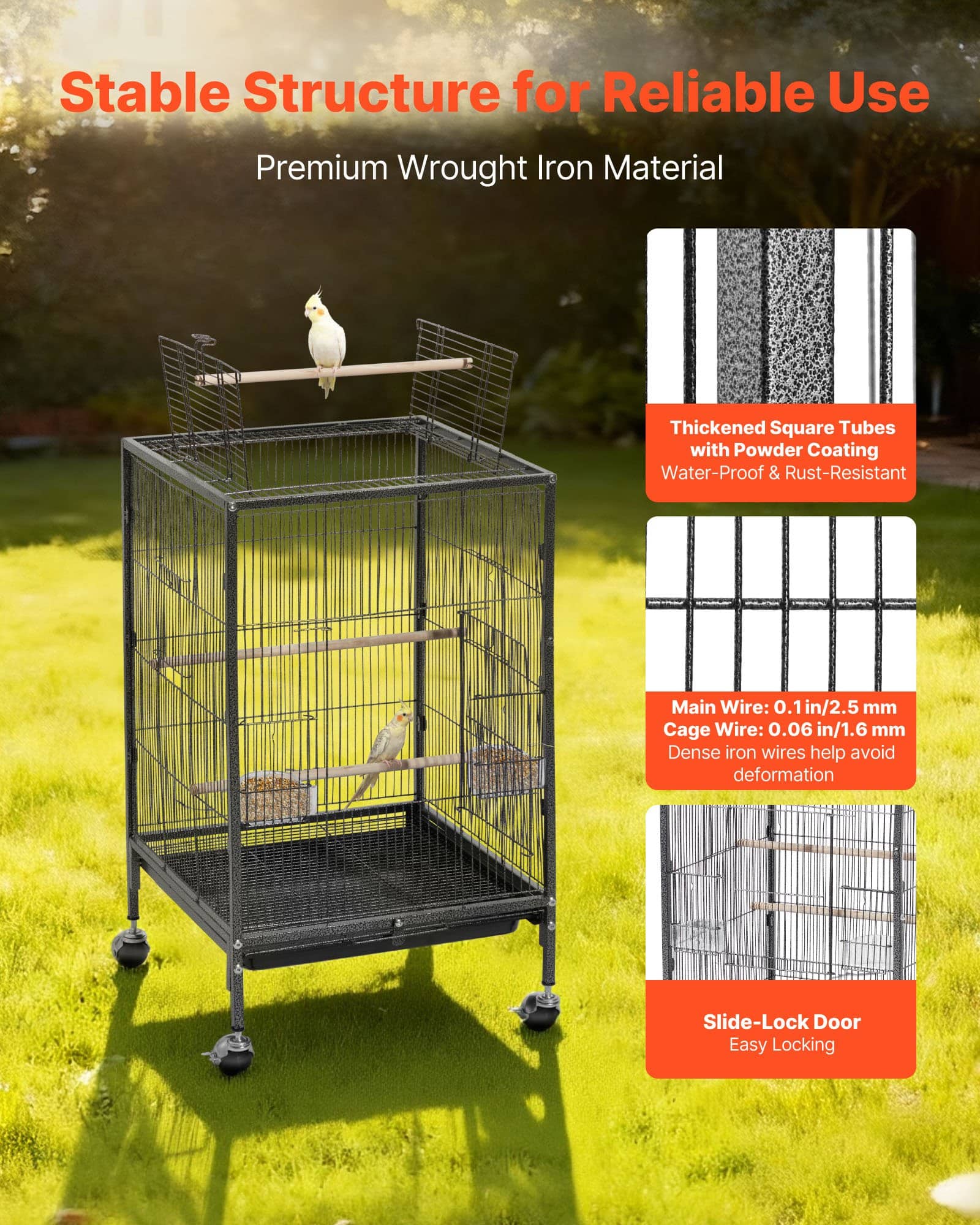 VEVOR Bird Cage 460x460x770 mm, Wrought Iron Flight Cage with Open Top, Perches, Tray, Wheels, for Parrots & Small Birds — изображение 3