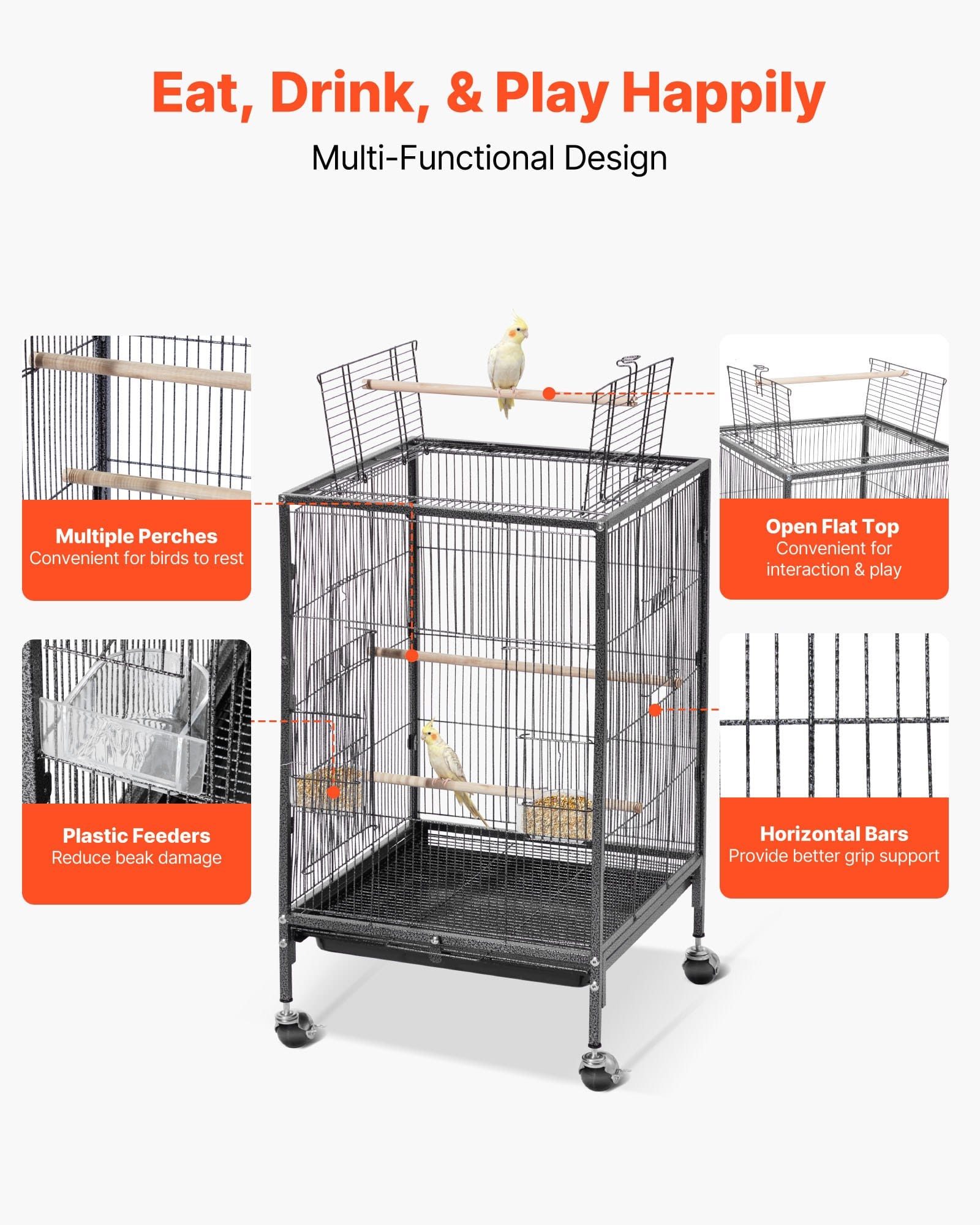 VEVOR Bird Cage 460x460x770 mm, Wrought Iron Flight Cage with Open Top, Perches, Tray, Wheels, for Parrots & Small Birds — изображение 4