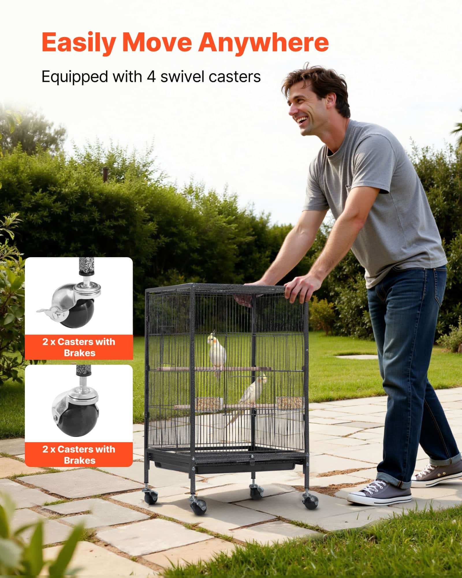 VEVOR Bird Cage 460x460x770 mm, Wrought Iron Flight Cage with Open Top, Perches, Tray, Wheels, for Parrots & Small Birds — изображение 5