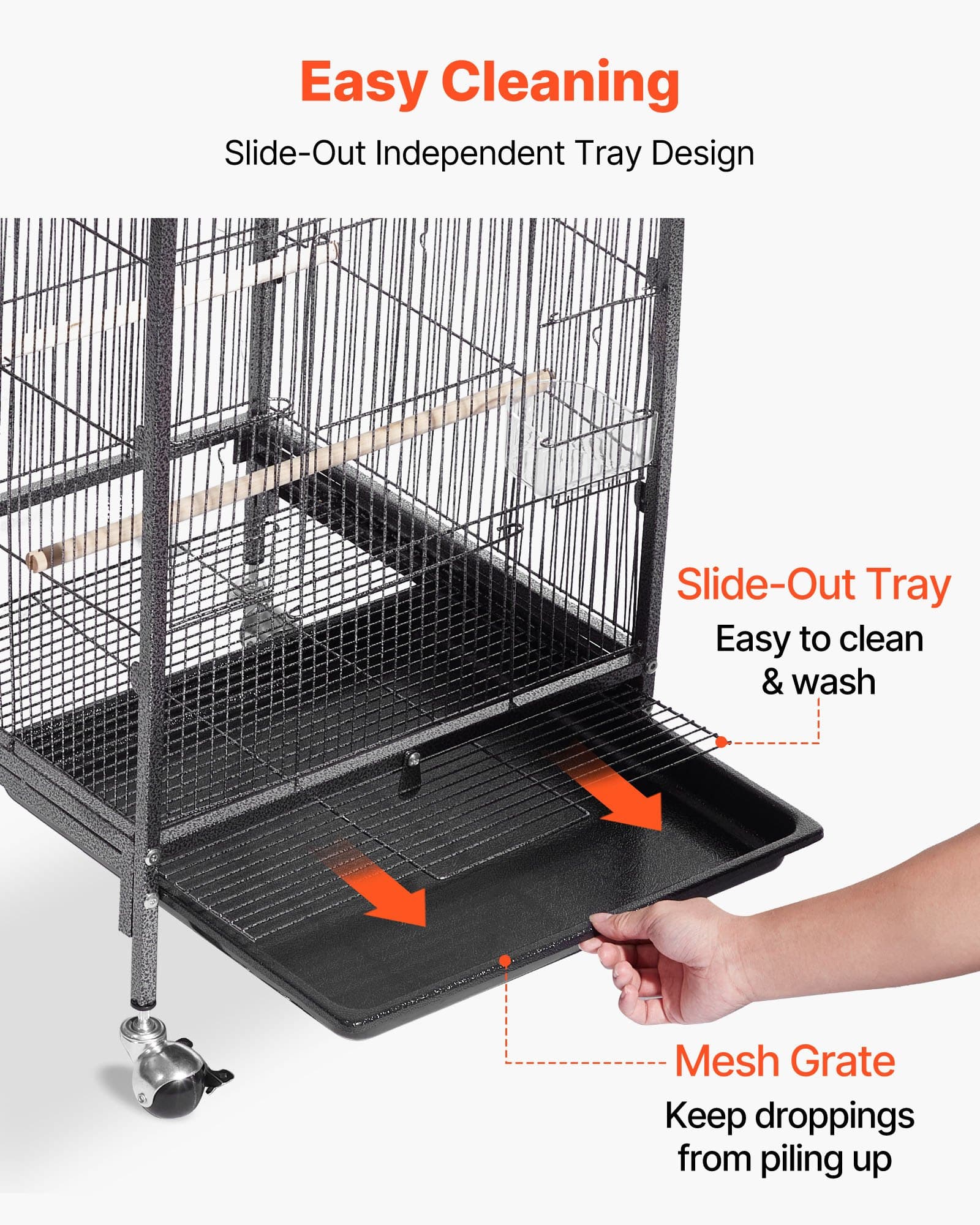 VEVOR Bird Cage 460x460x770 mm, Wrought Iron Flight Cage with Open Top, Perches, Tray, Wheels, for Parrots & Small Birds — изображение 6
