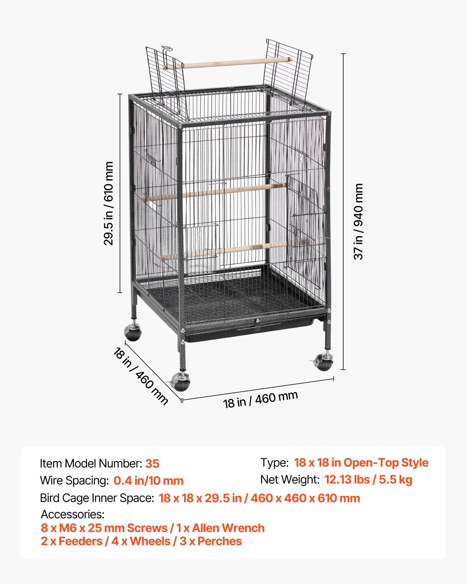 VEVOR Bird Cage 460x460x770 mm, Wrought Iron Flight Cage with Open Top, Perches, Tray, Wheels, for Parrots & Small Birds — изображение 7