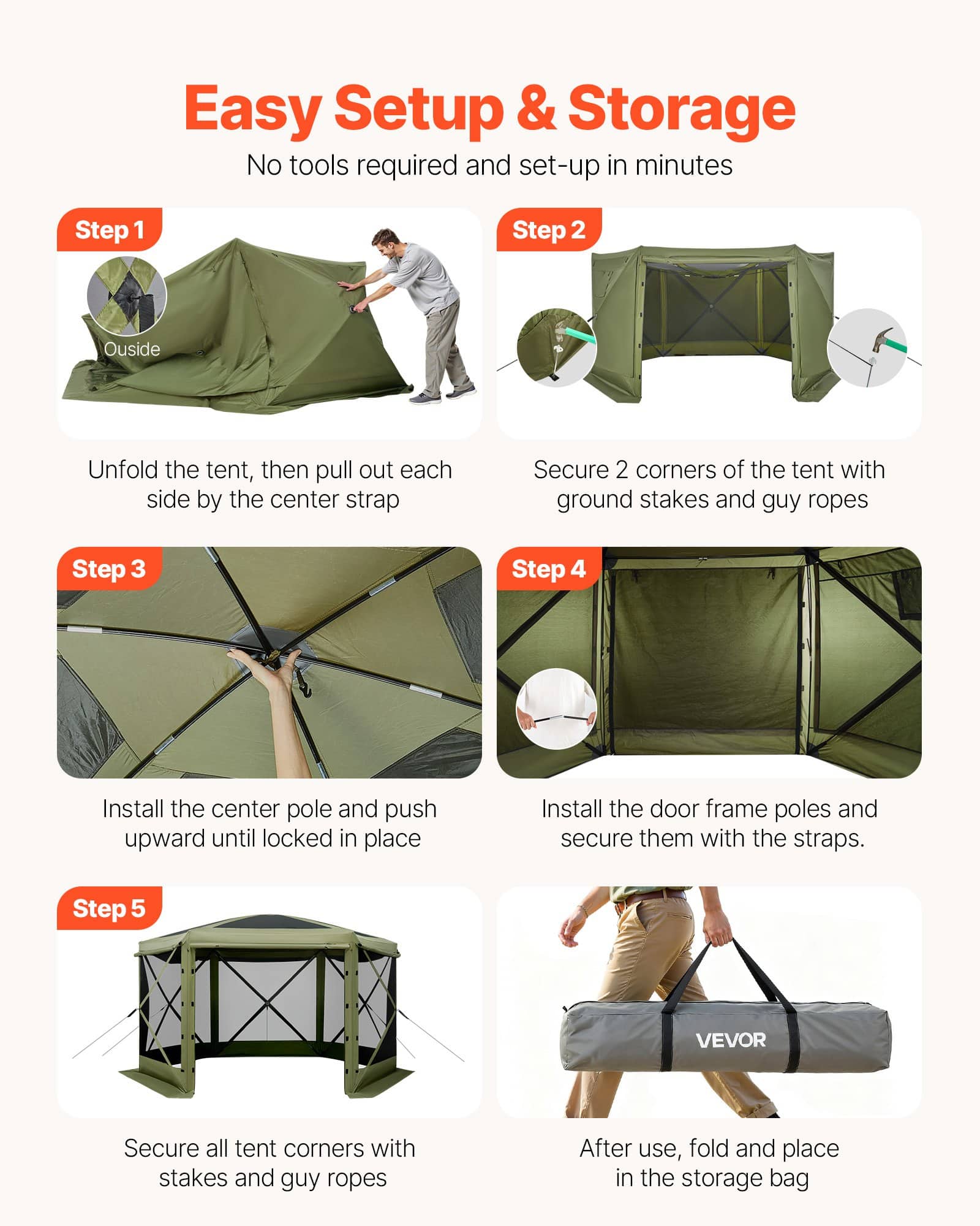 VEVOR 3x3 m Pop-Up Gazebo Tent for 6-8 People, UV50+ Waterproof Canopy with Mesh Walls & Removable Roof, Carry Bag, Green - Pilt 5
