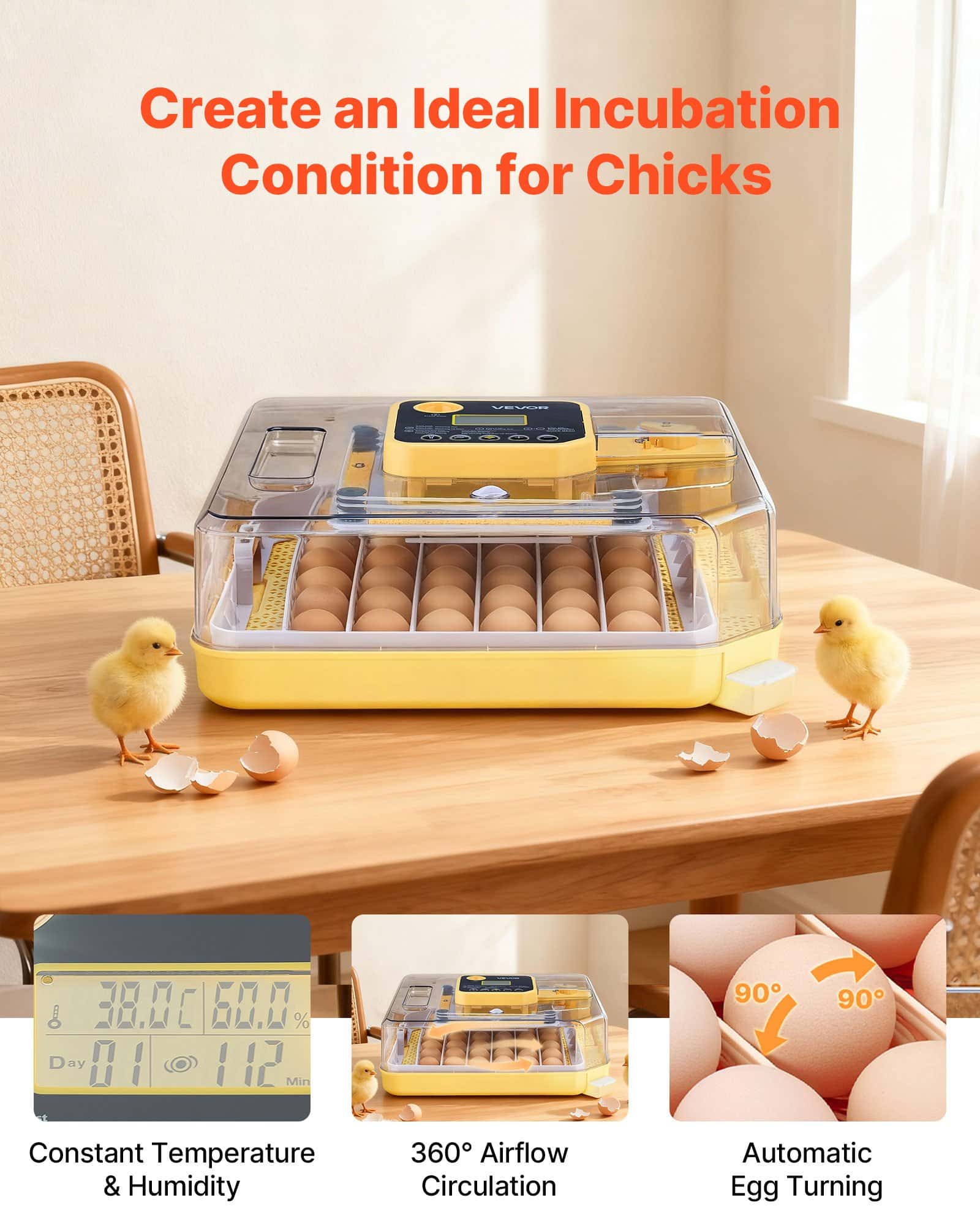 VEVOR Automatic 48 Egg Incubator with LED Candler, Auto Turning, Temp & Humidity Control, for Chicken, Duck, Goose, Quail Eggs - Image 2