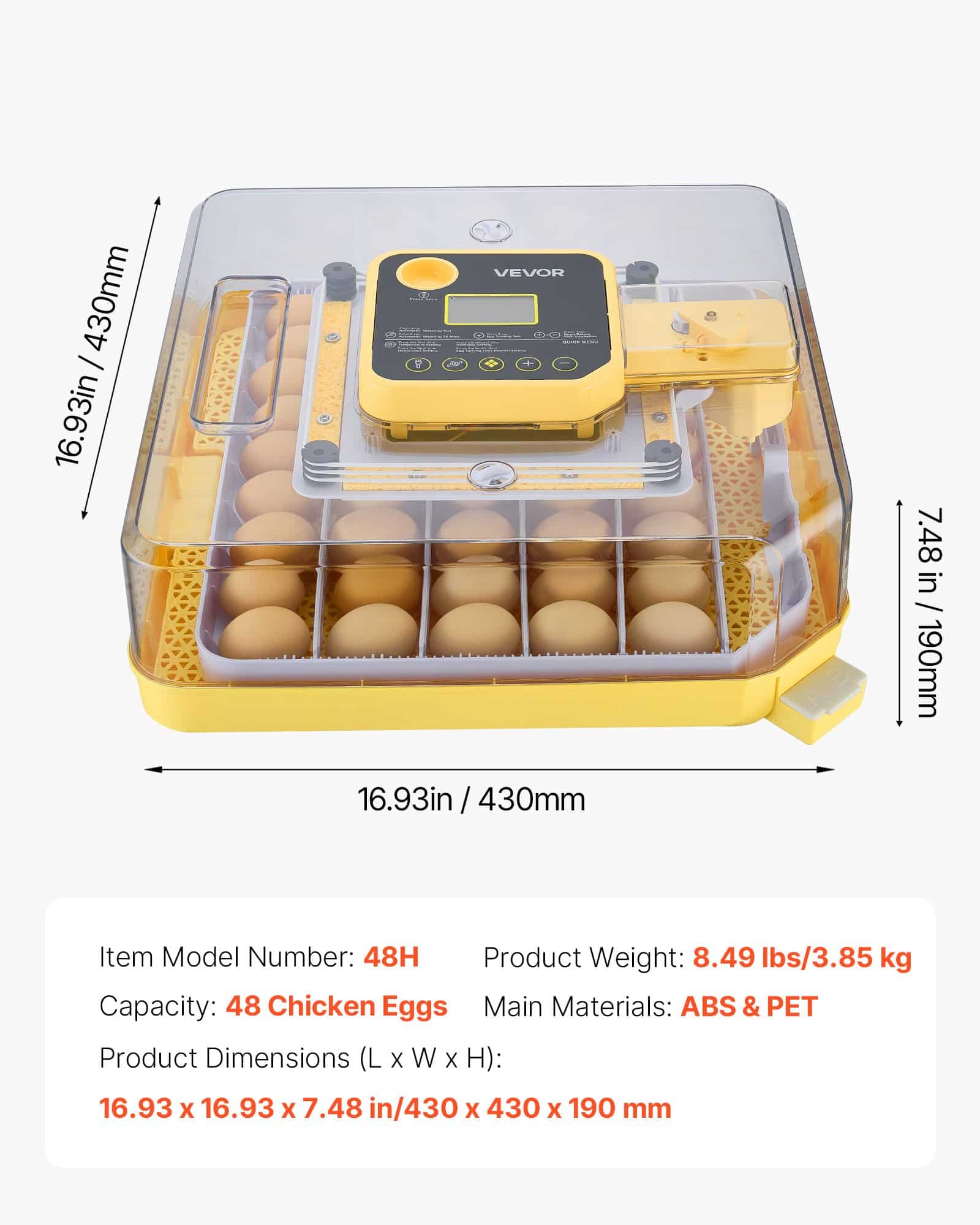 VEVOR Automatic 48 Egg Incubator with LED Candler, Auto Turning, Temp & Humidity Control, for Chicken, Duck, Goose, Quail Eggs - Image 7