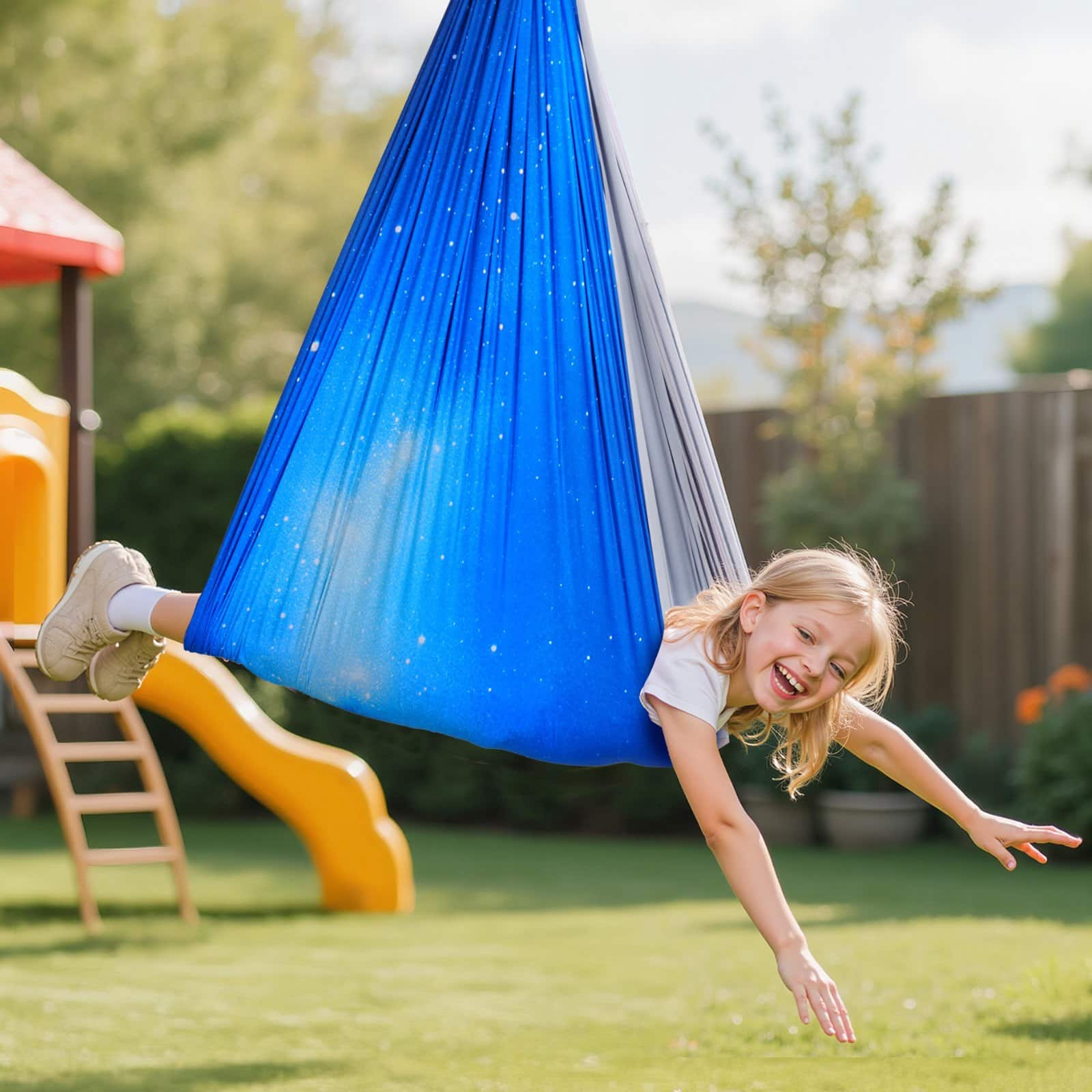 VEVOR Double-Layer Sensory Swing for Kids, 150x150cm, Indoor/Outdoor Therapy Hammock with 360° Swivel, Holds up to 136kg — Attēls 8