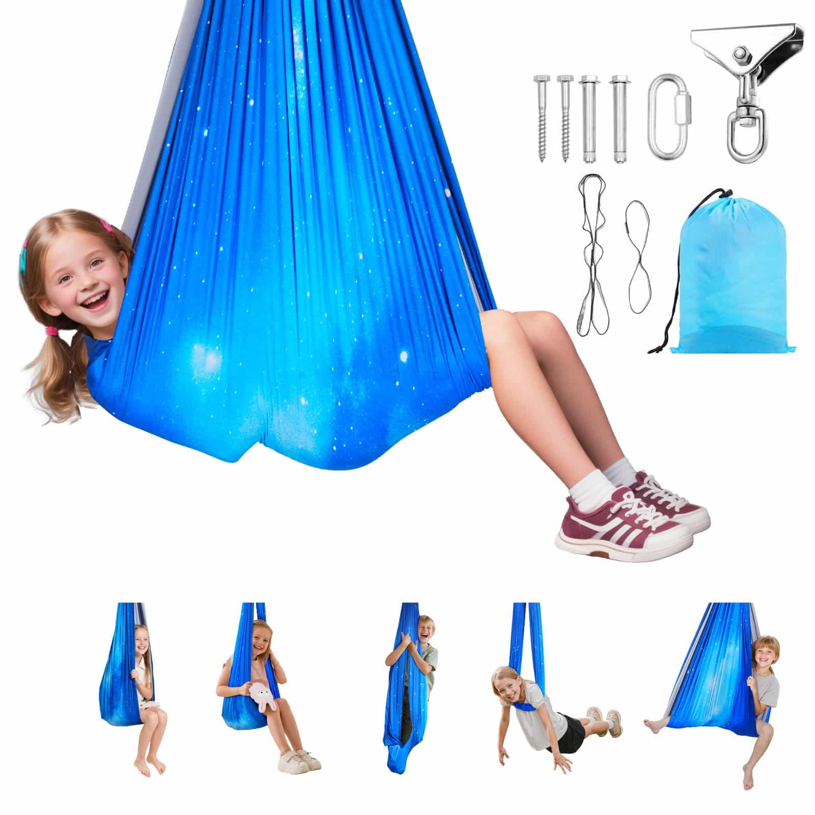 VEVOR Double-Layer Sensory Swing for Kids, 150x150cm, Indoor/Outdoor Therapy Hammock with 360° Swivel, Holds up to 136kg — Attēls 11
