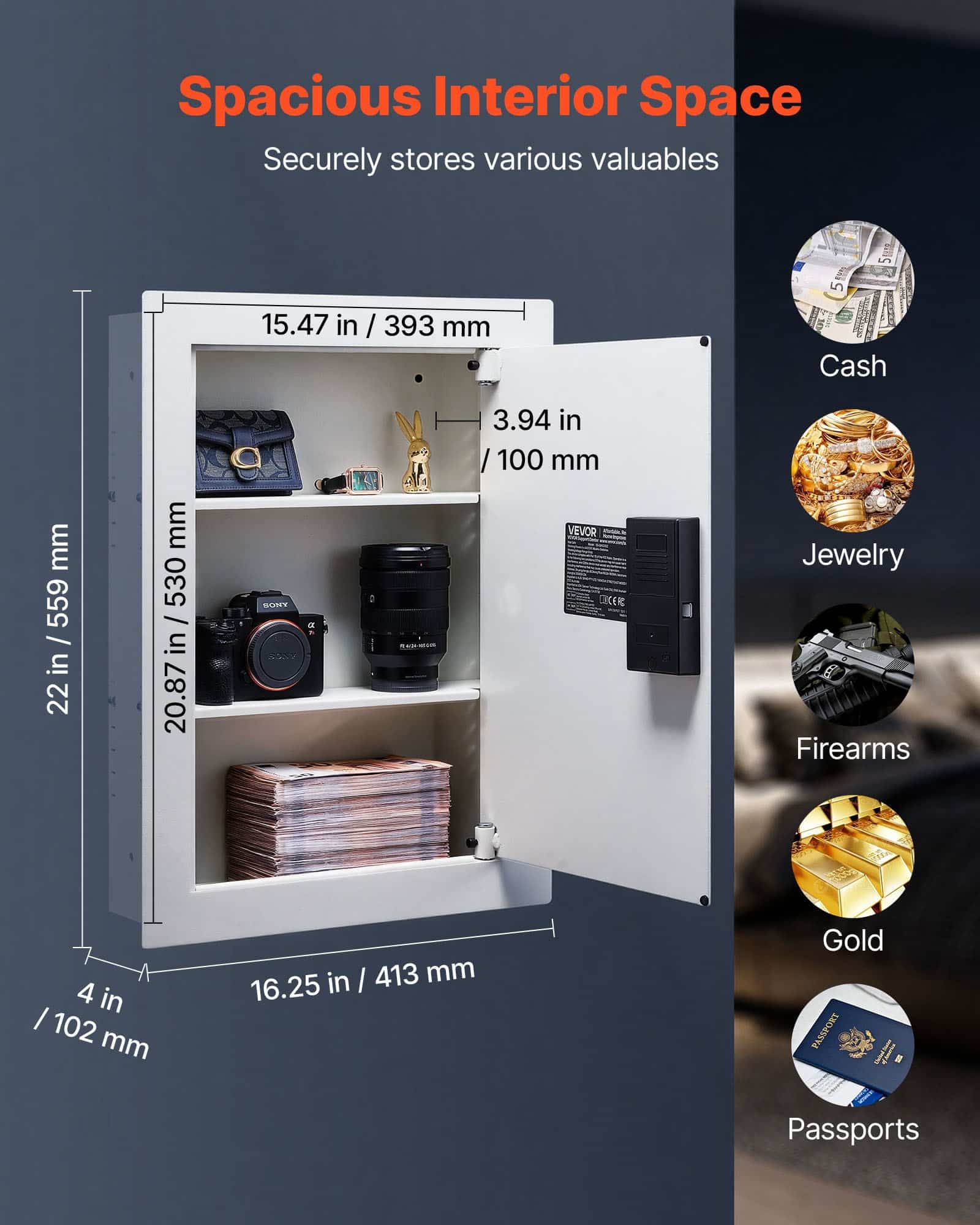 VEVOR Wall Safe 0.08 m², Hidden 3-Tier Safe with Password, Key & Knob Lock, Steel In-Wall Box with Adjustable Shelves, White — Attēls 2