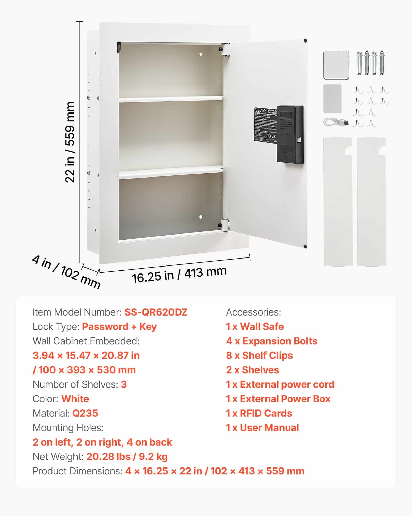 VEVOR Wall Safe 0.08 m², Hidden 3-Tier Safe with Password, Key & Knob Lock, Steel In-Wall Box with Adjustable Shelves, White — Attēls 7