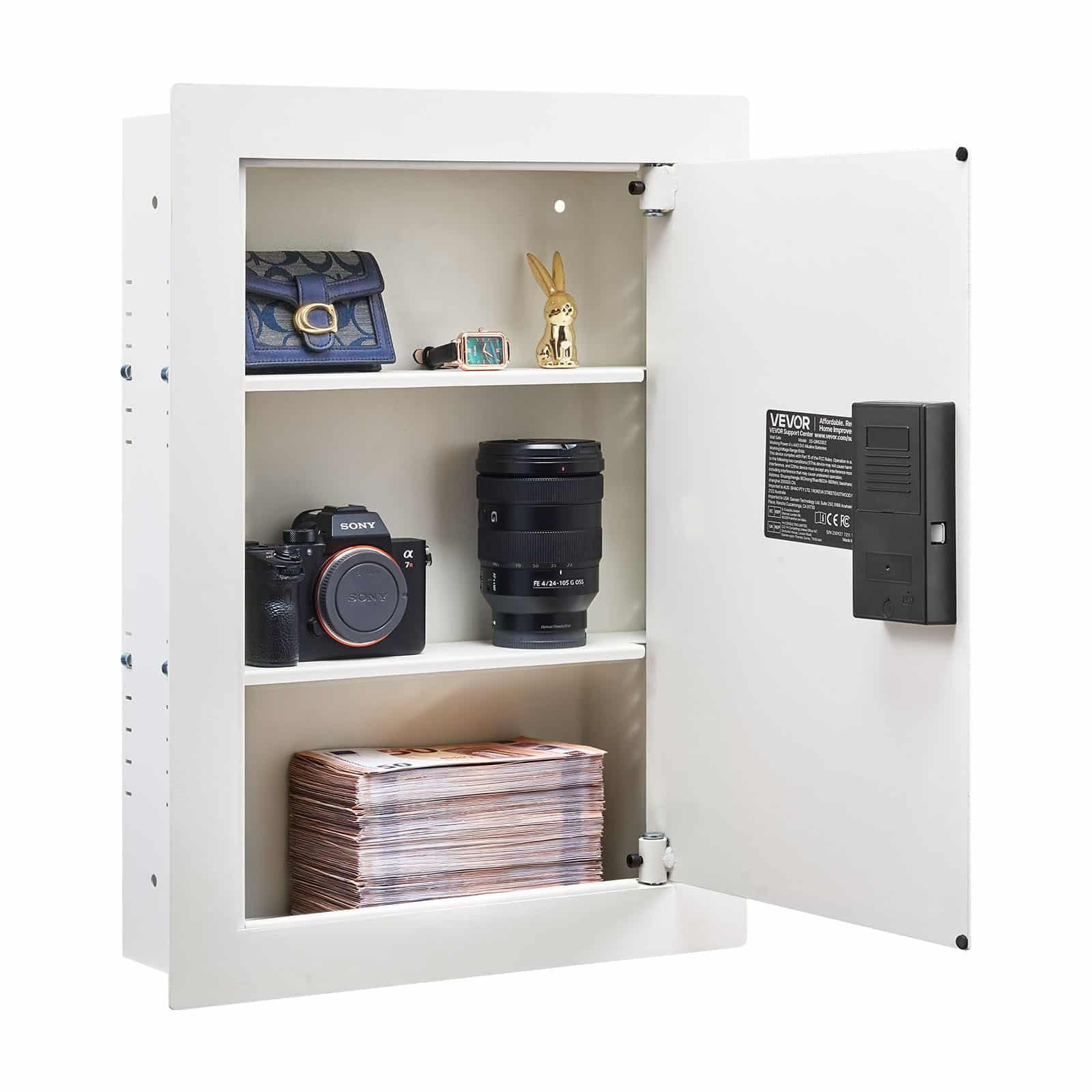 VEVOR Wall Safe 0.08 m², Hidden 3-Tier Safe with Password, Key & Knob Lock, Steel In-Wall Box with Adjustable Shelves, White