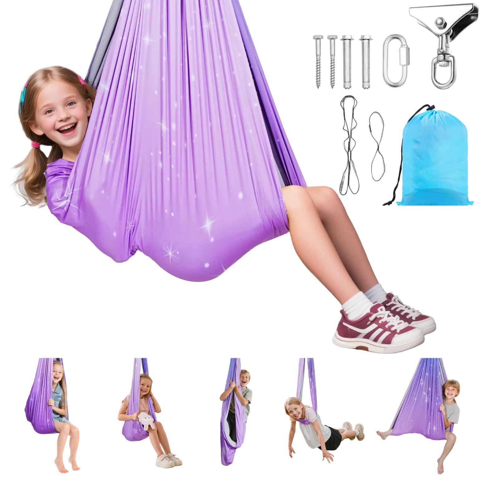 VEVOR Sensory Swing for Kids, Double-Layer Spandex Hammock with 360° Swivel, Indoor/Outdoor Therapy Swing, 136 kg Capacity — Attēls 11